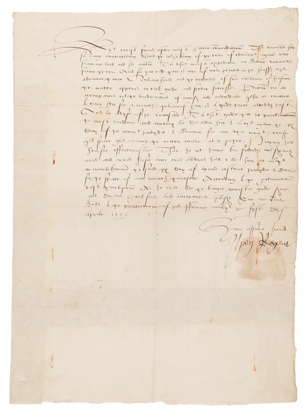 Mary, Queen of Scots: John Erskine, Earl of Mar Letter Signed as Regent