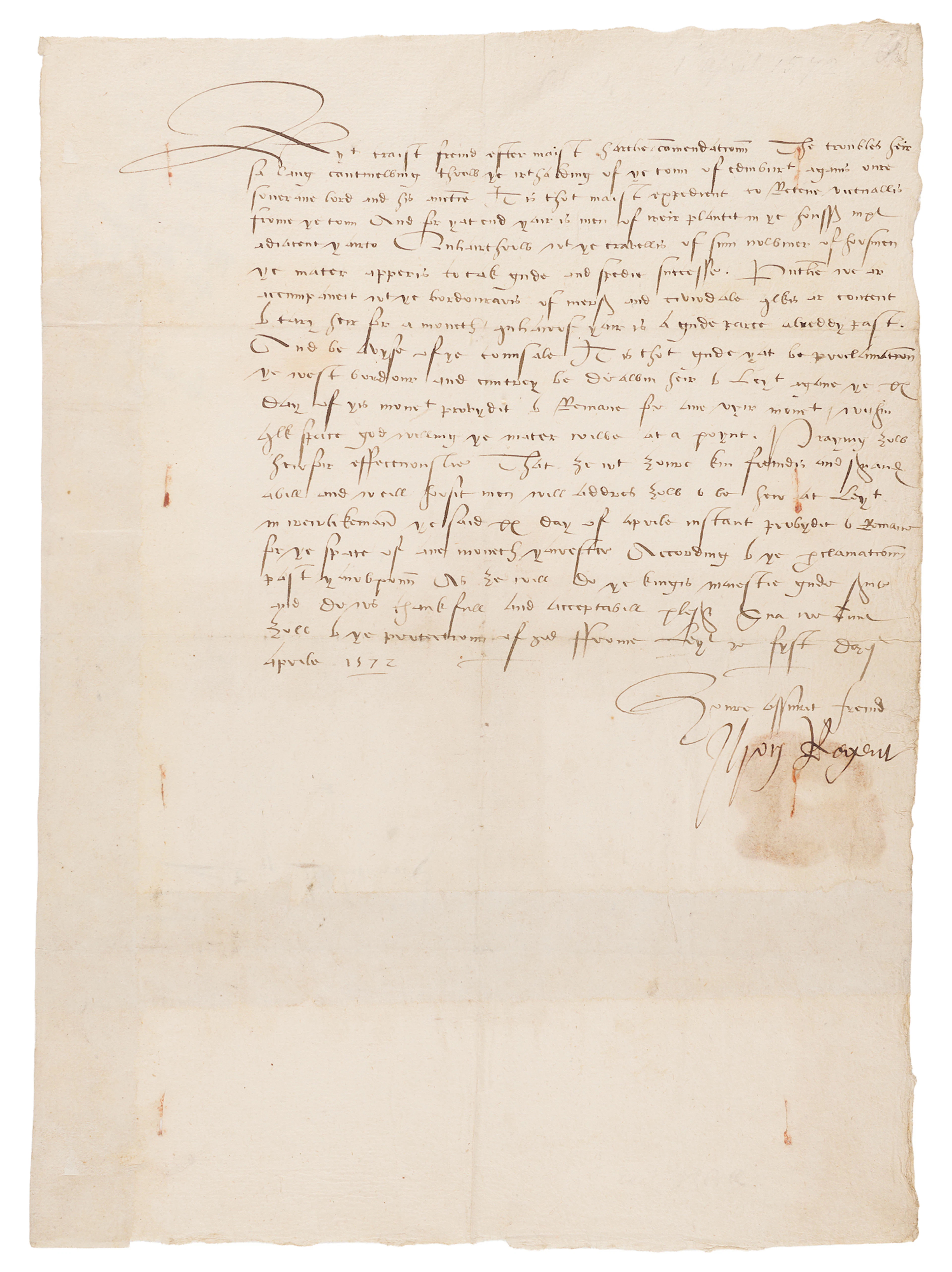 Mary, Queen of Scots: John Erskine, Earl of Mar Letter Signed as Regent
