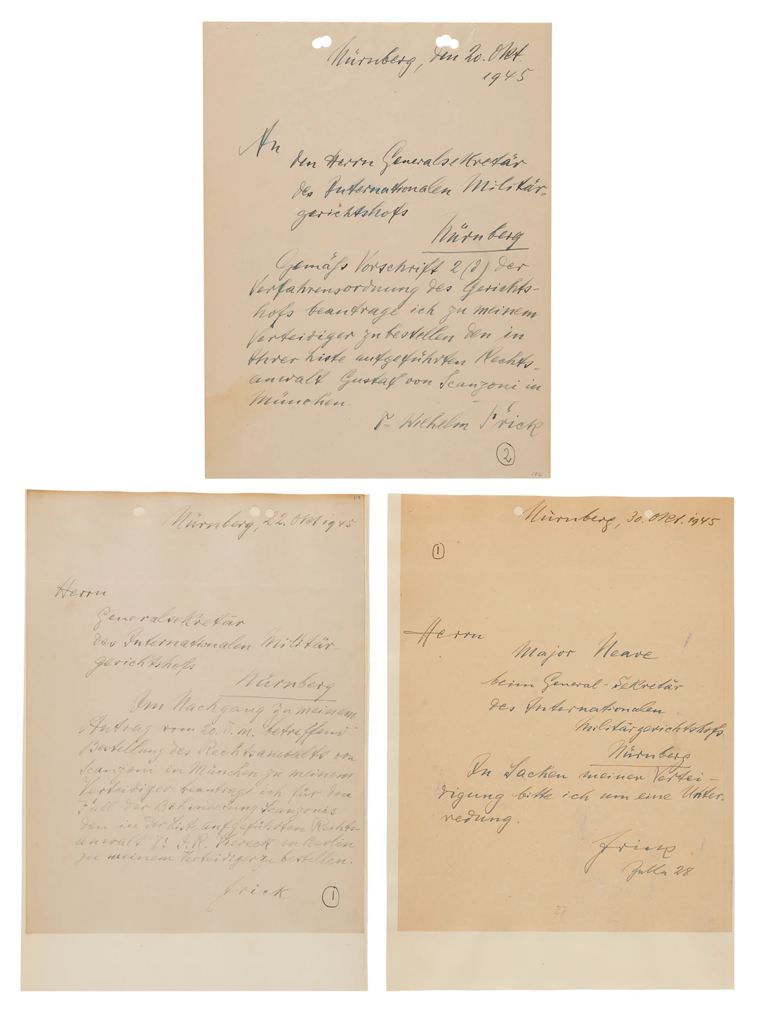 Wilhelm Frick (3) Autograph Letters Signed at Nuremberg, Arranging