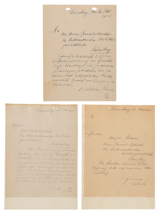 Wilhelm Frick (3) Autograph Letters Signed at Nuremberg, Arranging