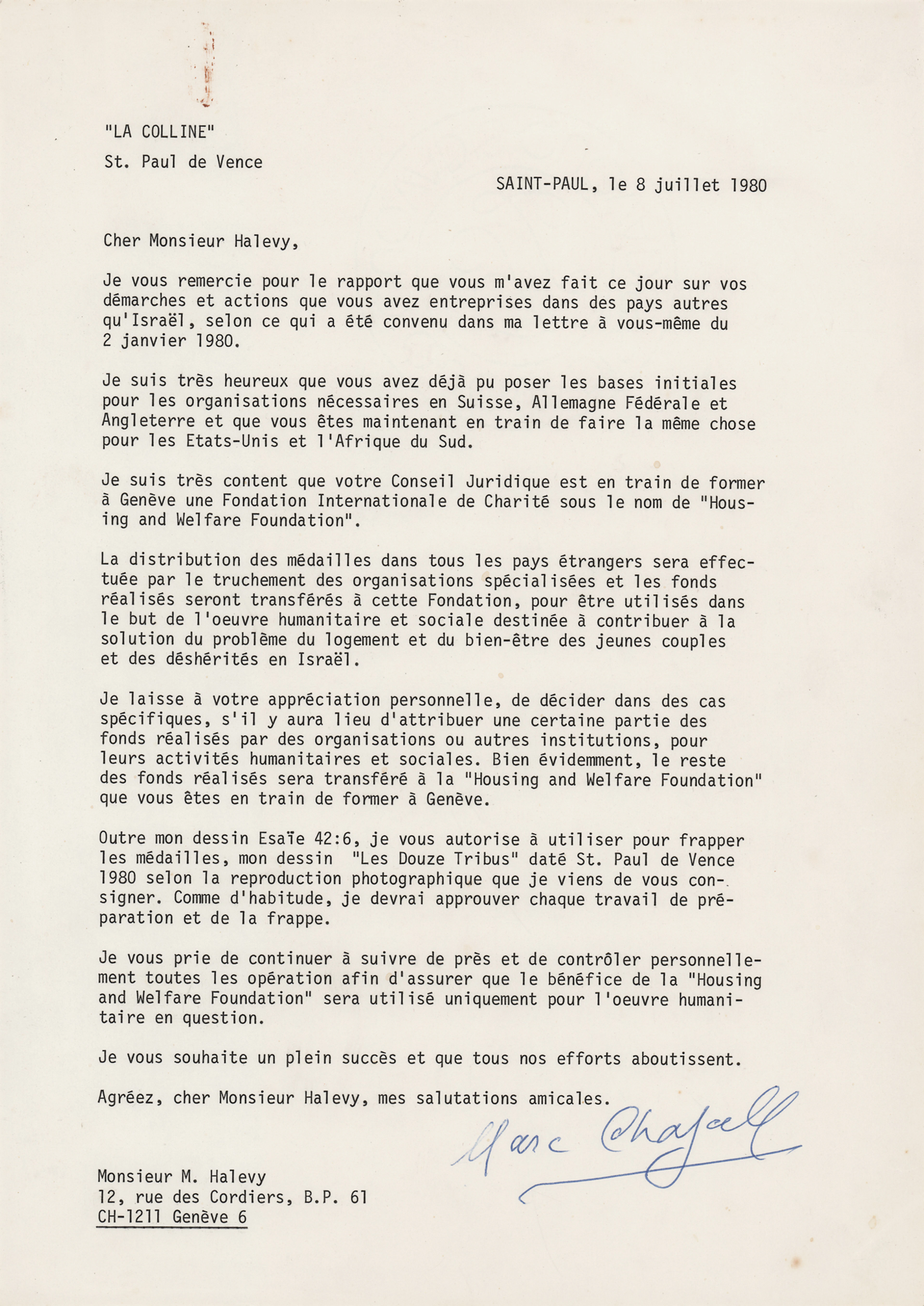 Marc Chagall Typed Letter Signed, Authorizing Use of His "Isaiah 42:6"