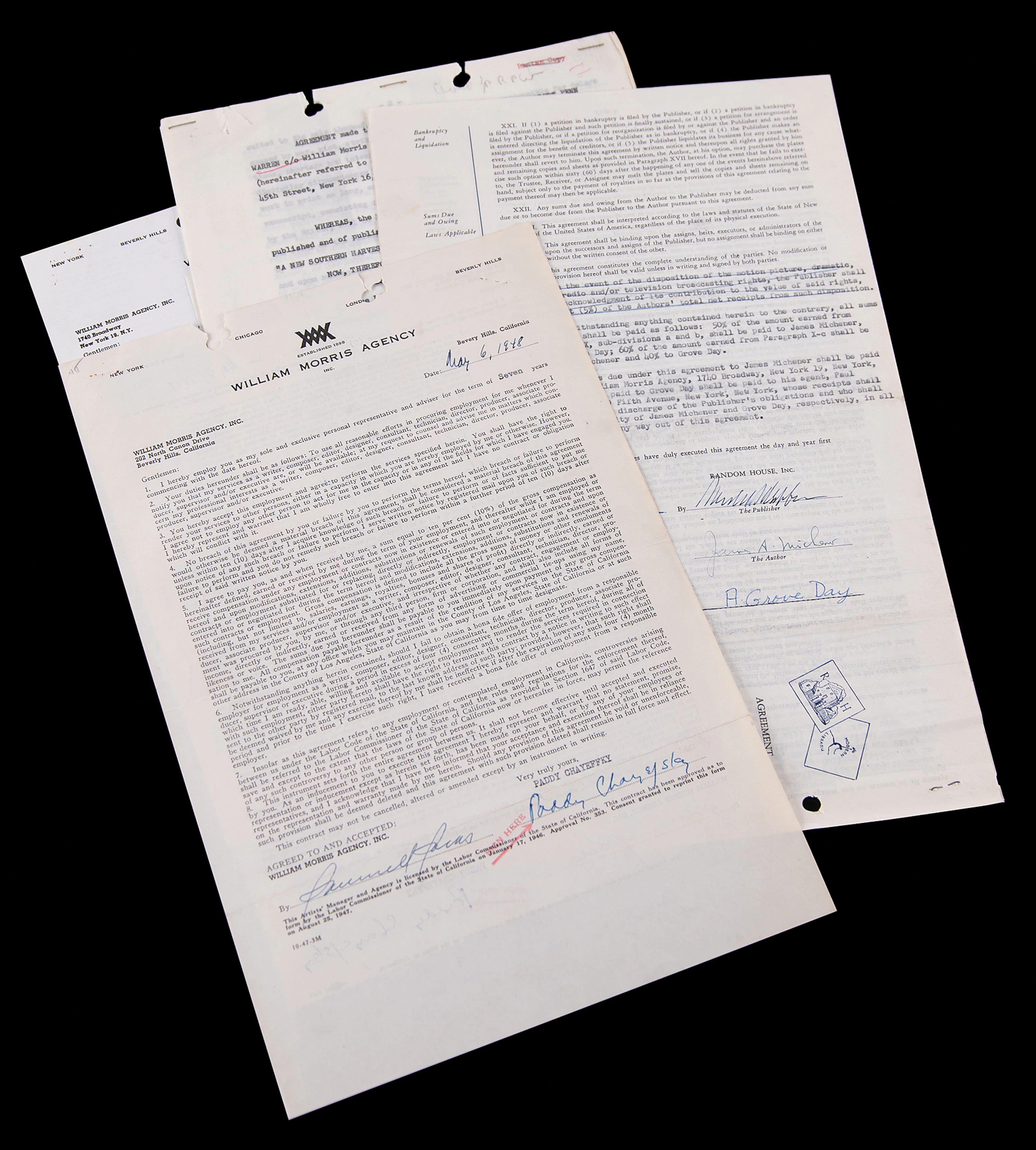 Authors (5) Documents Signed, with James Michener, Gay Talese, and