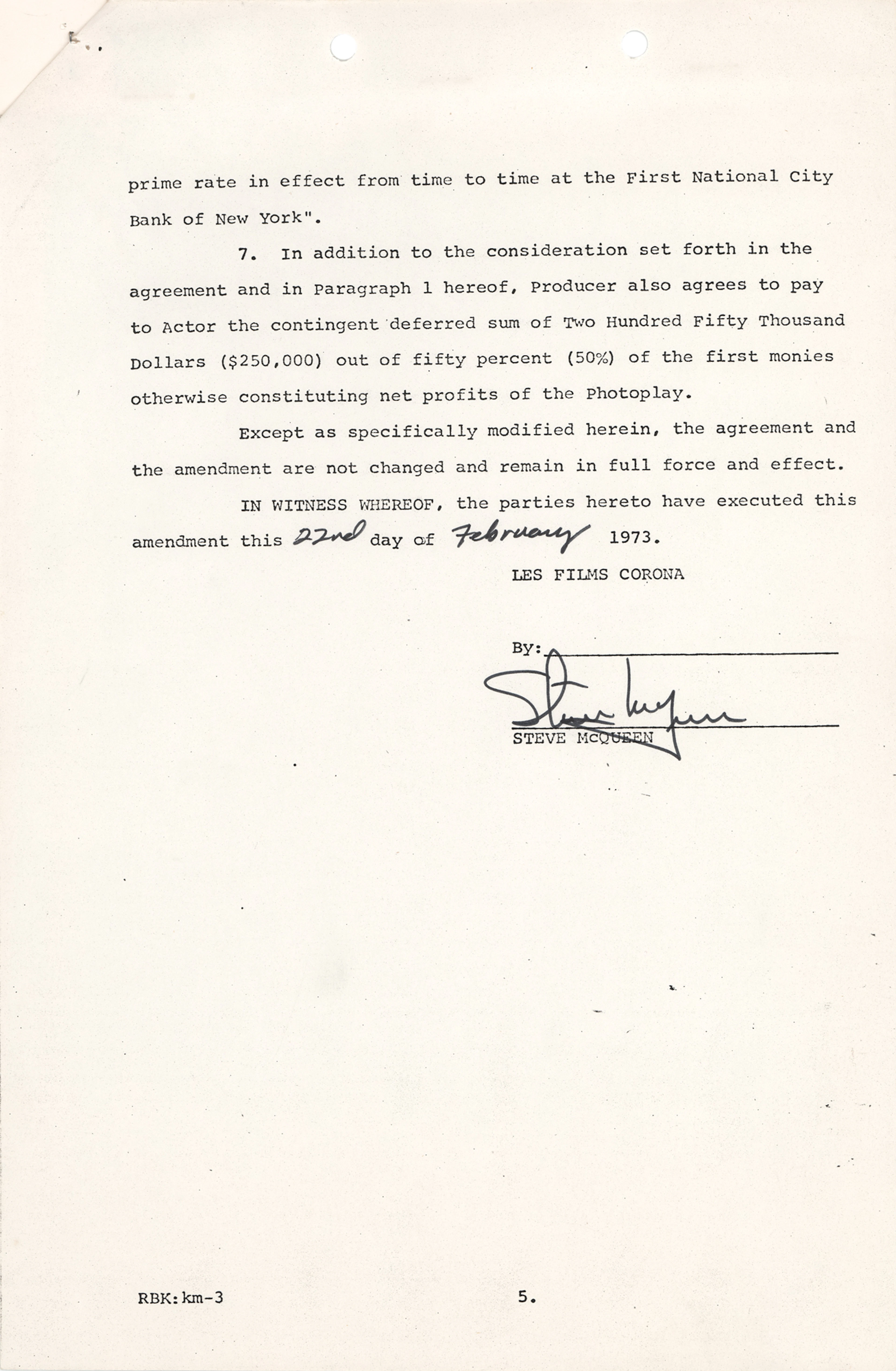 Steve McQueen Signed Contract Amendment for Papillon