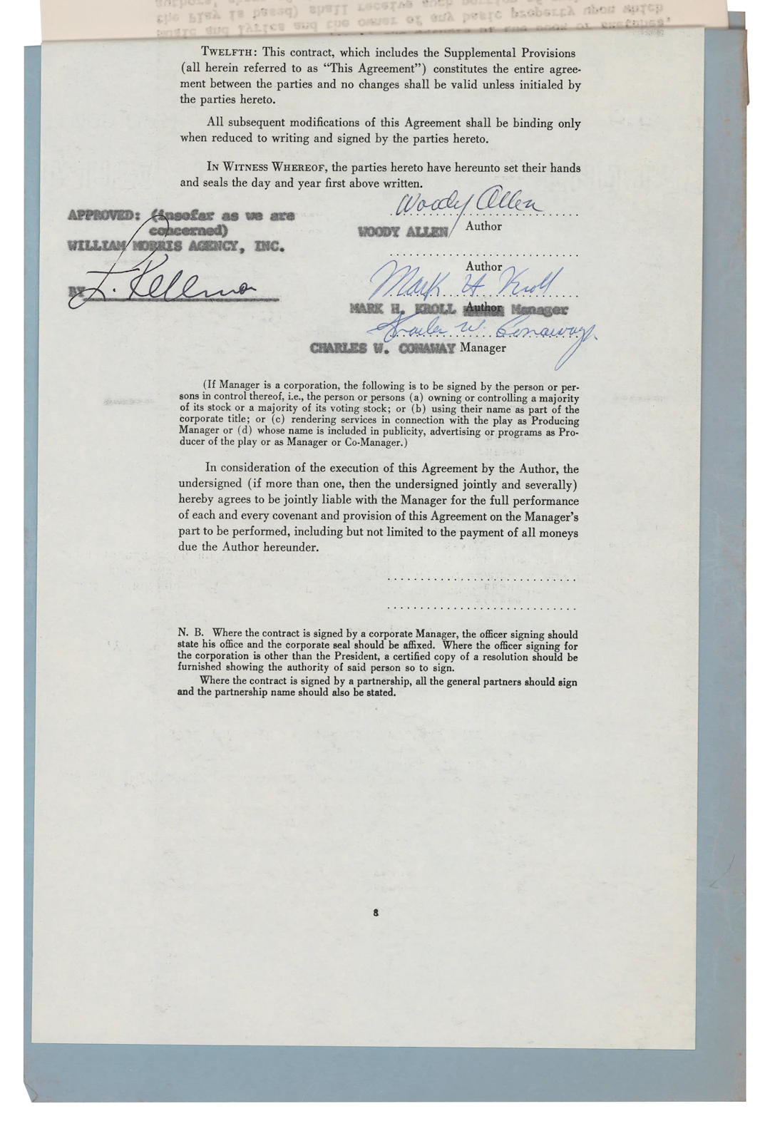 Woody Allen Signed Revue Production Contract for the Proposed Broadway