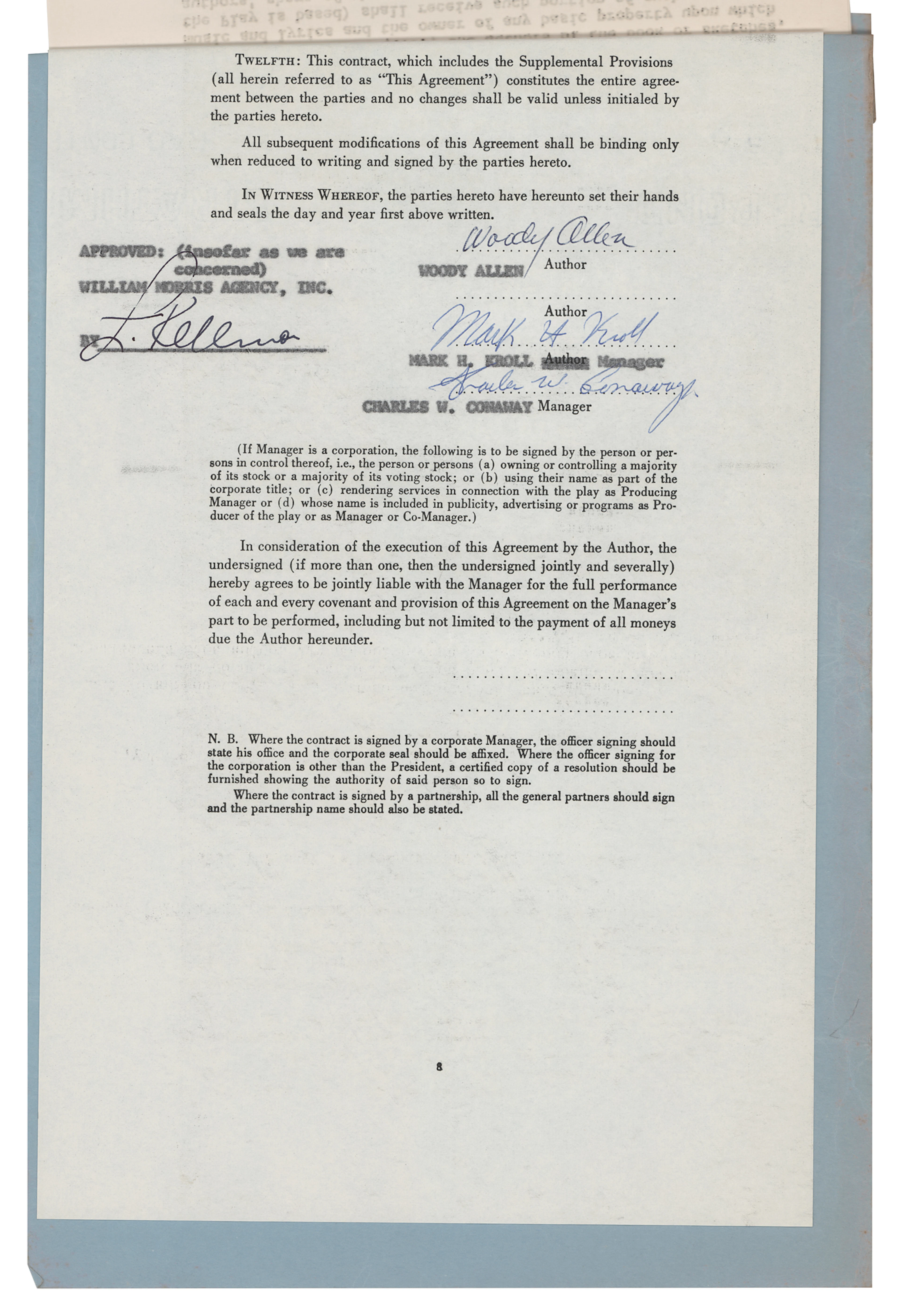 Woody Allen Signed Revue Production Contract for the Proposed Broadway