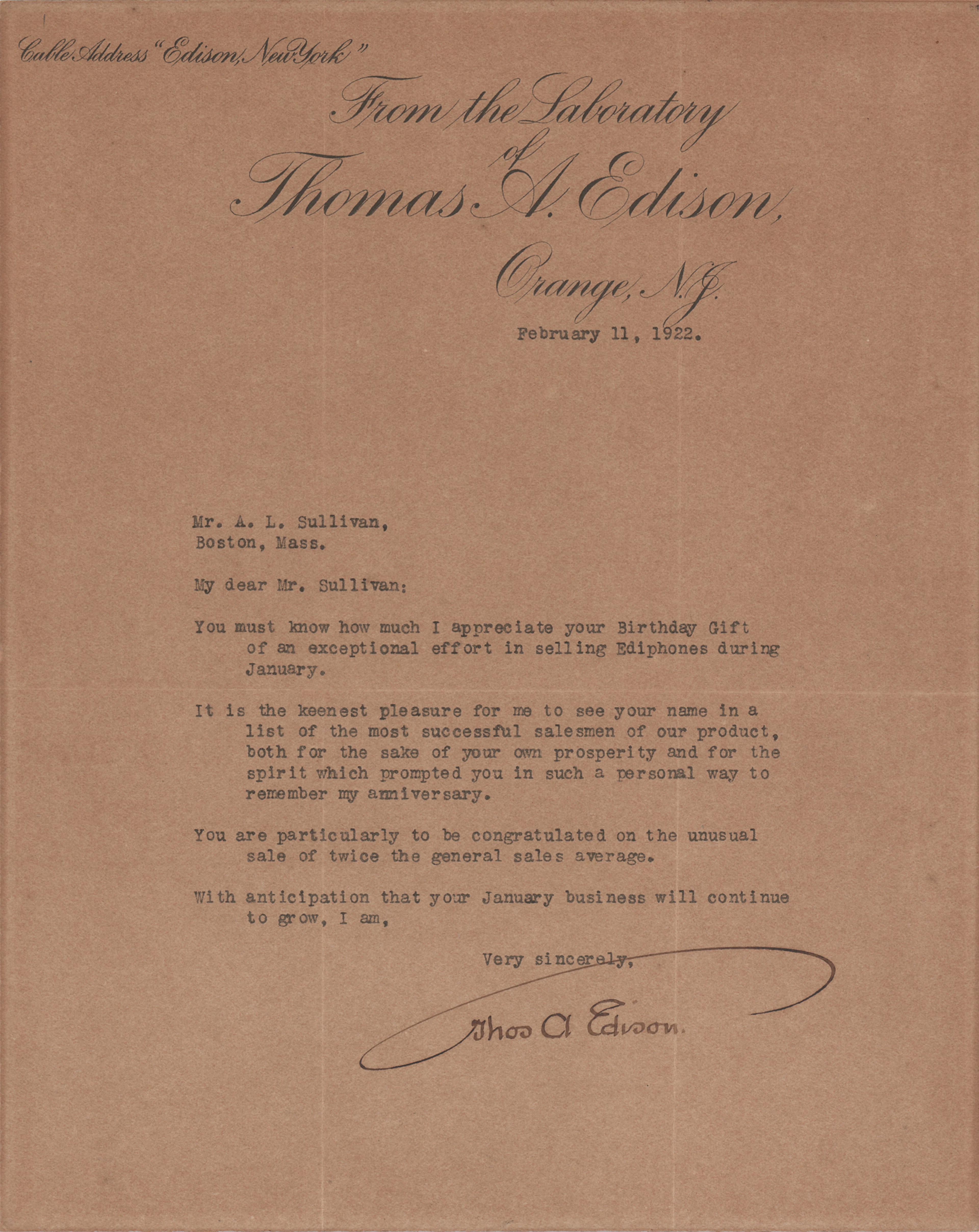 Thomas Edison Typed Letter Signed, Recognizing "exceptional effort