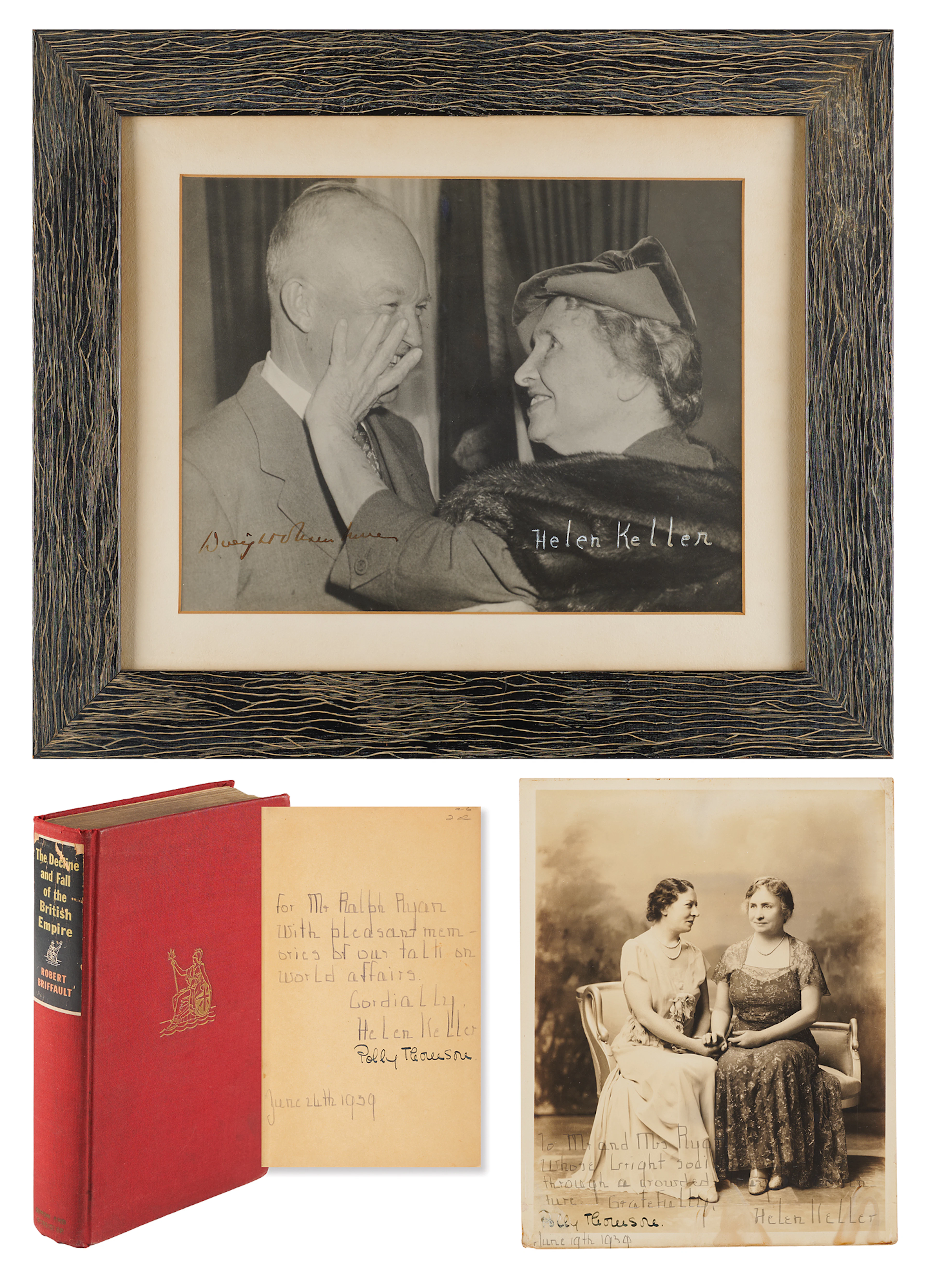 Helen Keller (3) Signed Items, Highlighted by a Dwight D. Eisenhower