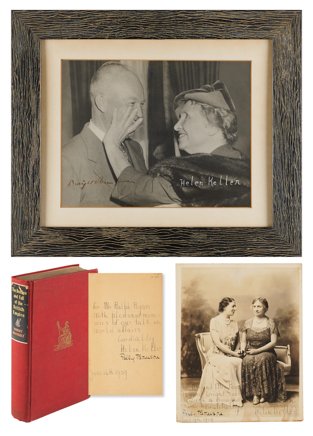 Helen Keller (3) Signed Items, Highlighted by a Dwight D. Eisenhower