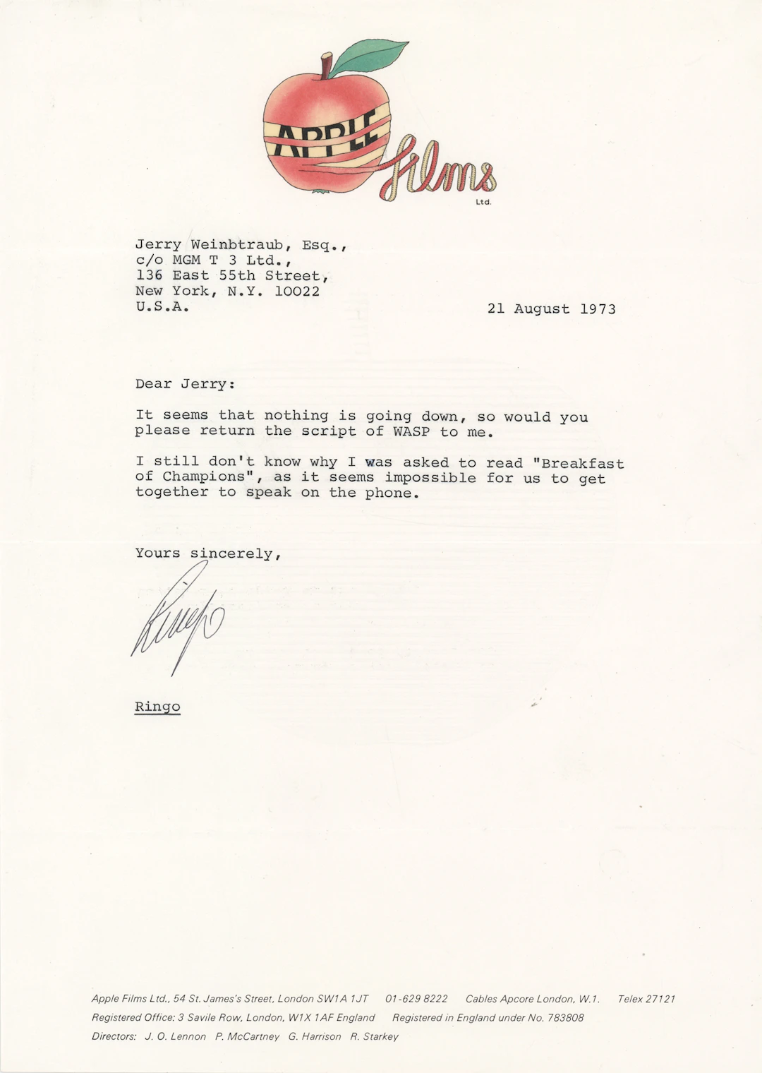 Beatles: Ringo Starr Typed Letter Signed on Unrealized ‘WASP’ Film