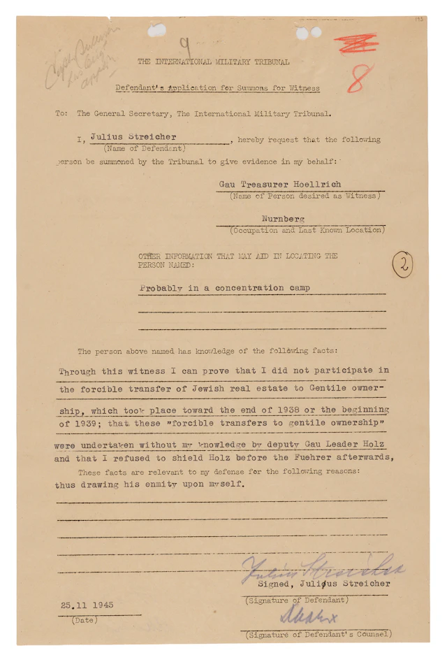 Julius Streicher Document Signed, Denying Participation in the Theft