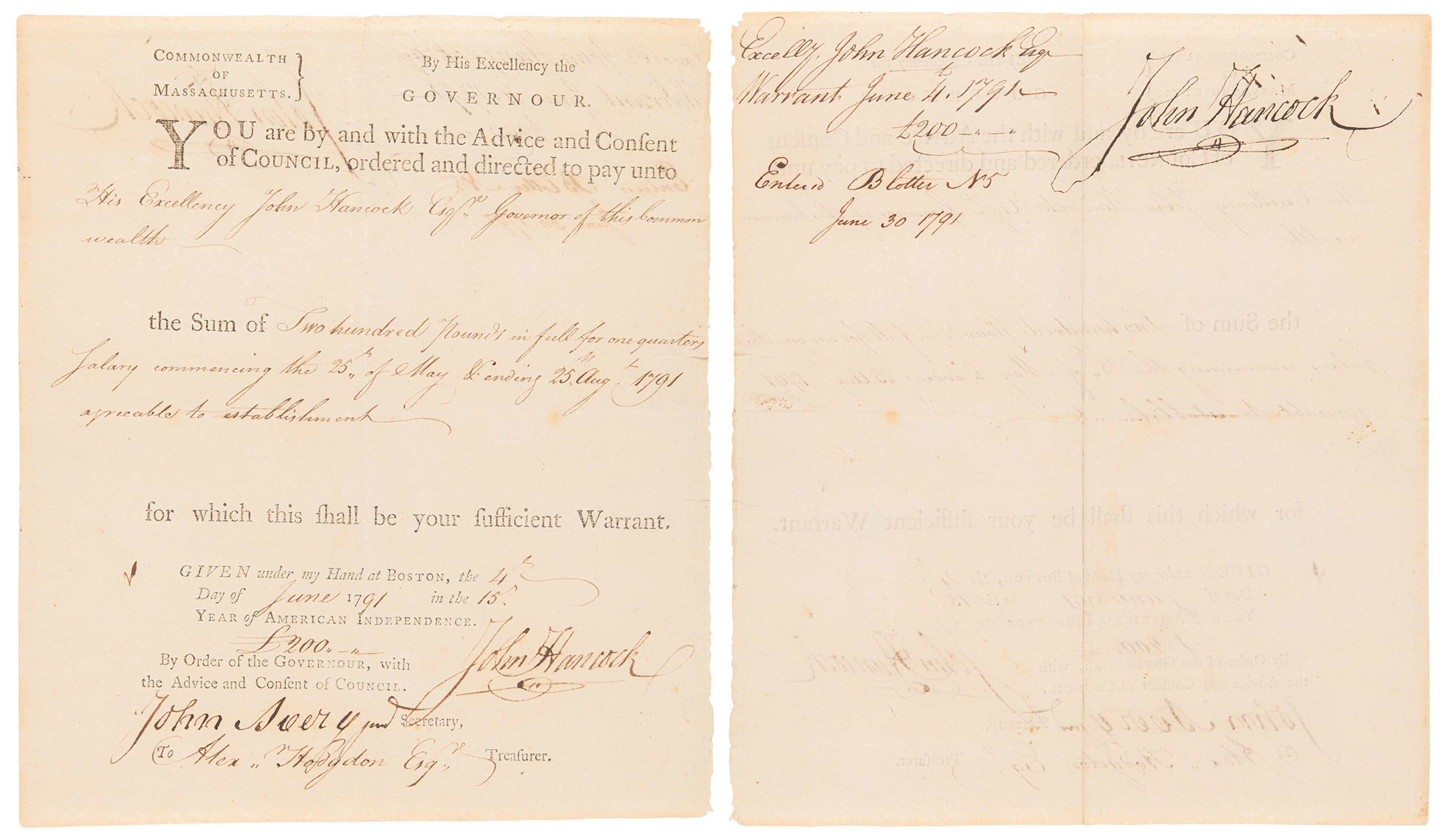 John Hancock Twice-Signed Document as Governor of Massachusetts, Paying