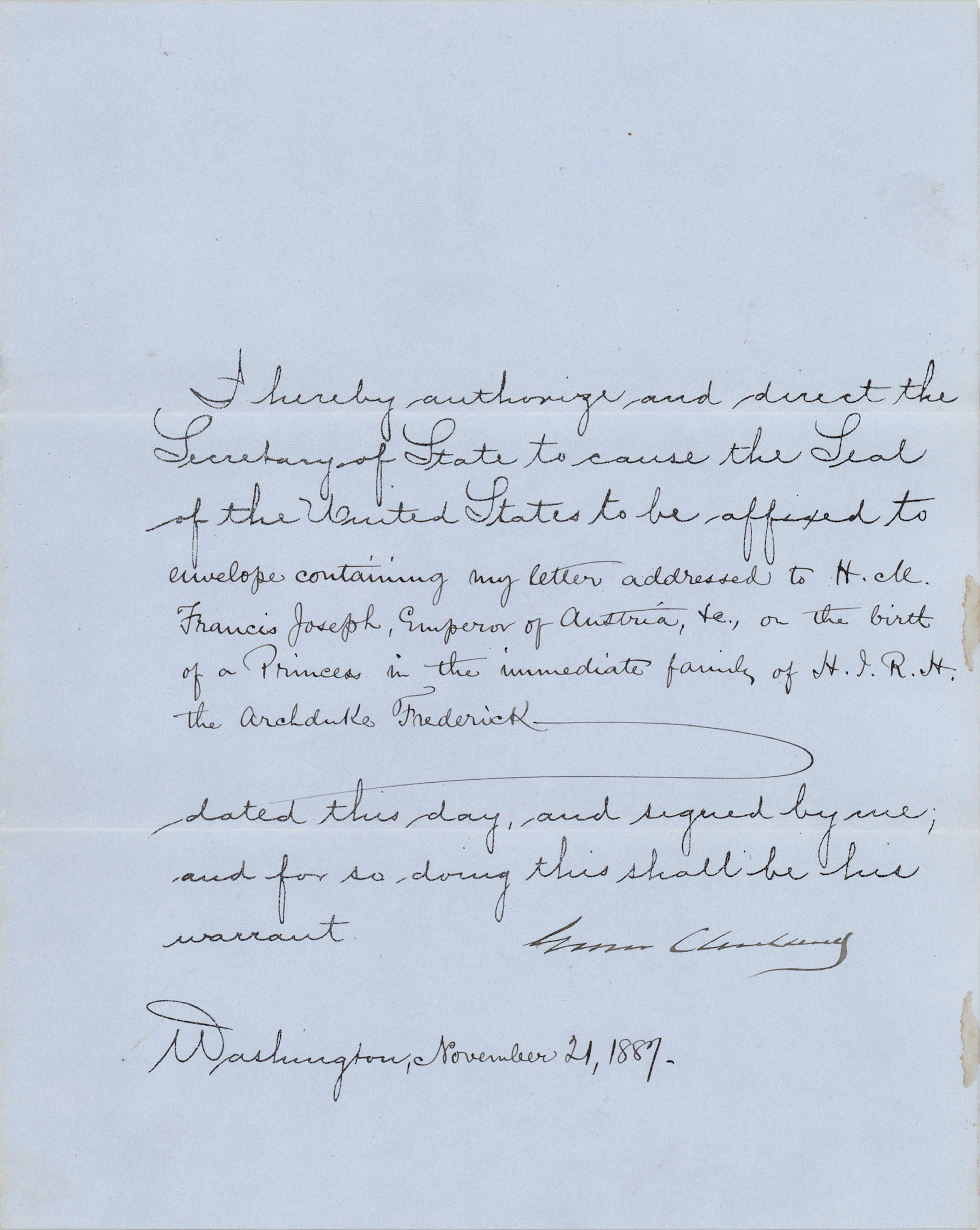 Grover Cleveland Document Signed as President, Congratulating the
