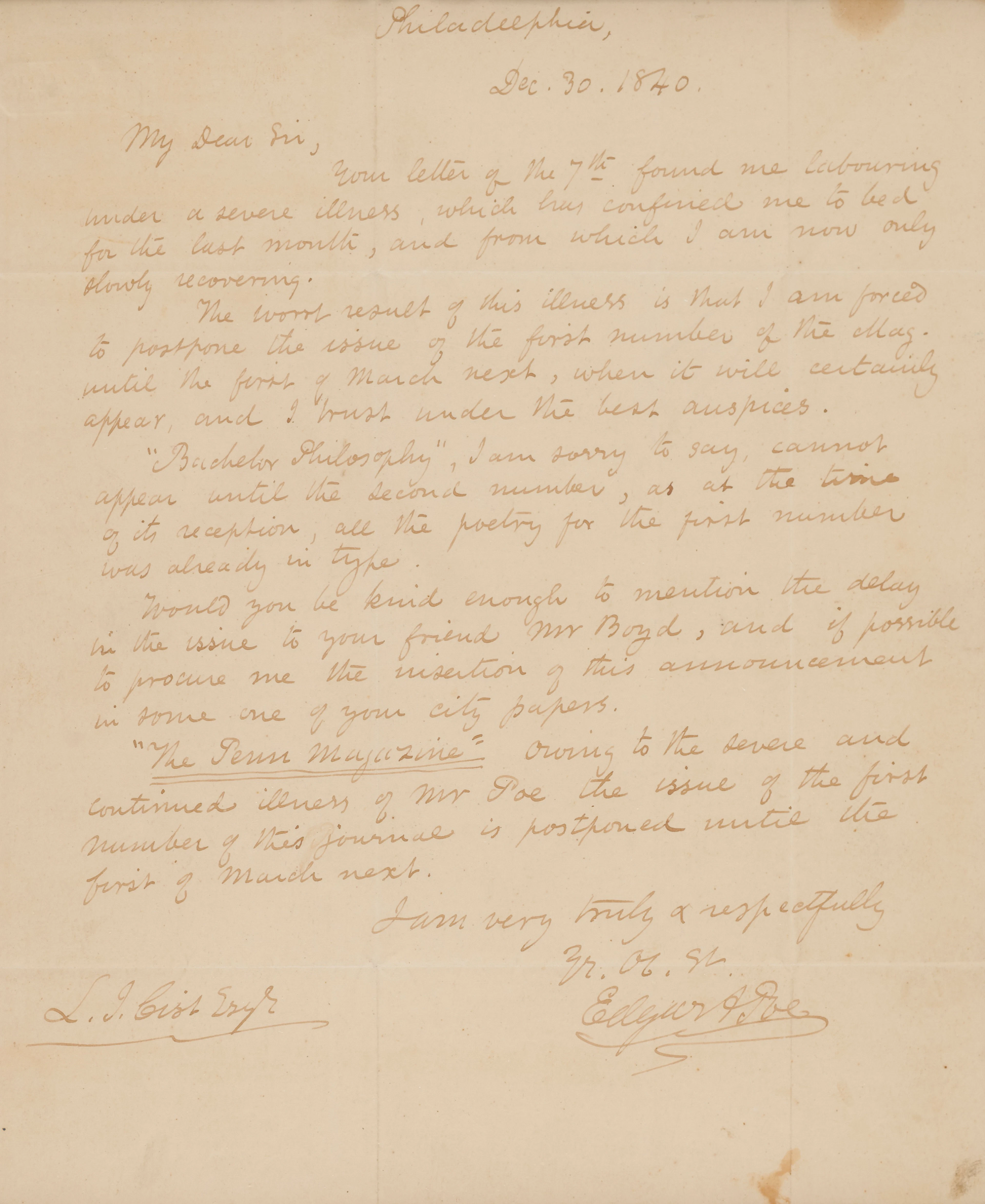 Edgar Allan Poe Autograph Letter Signed, Delaying His Literary Dream: