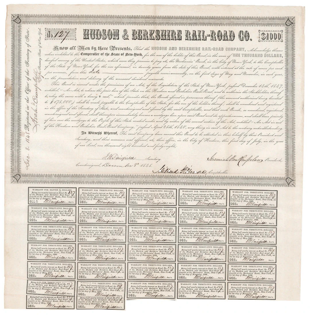 Millard Fillmore Document Signed - Bond of the Hudson & Berkshire Rail-Road Co.