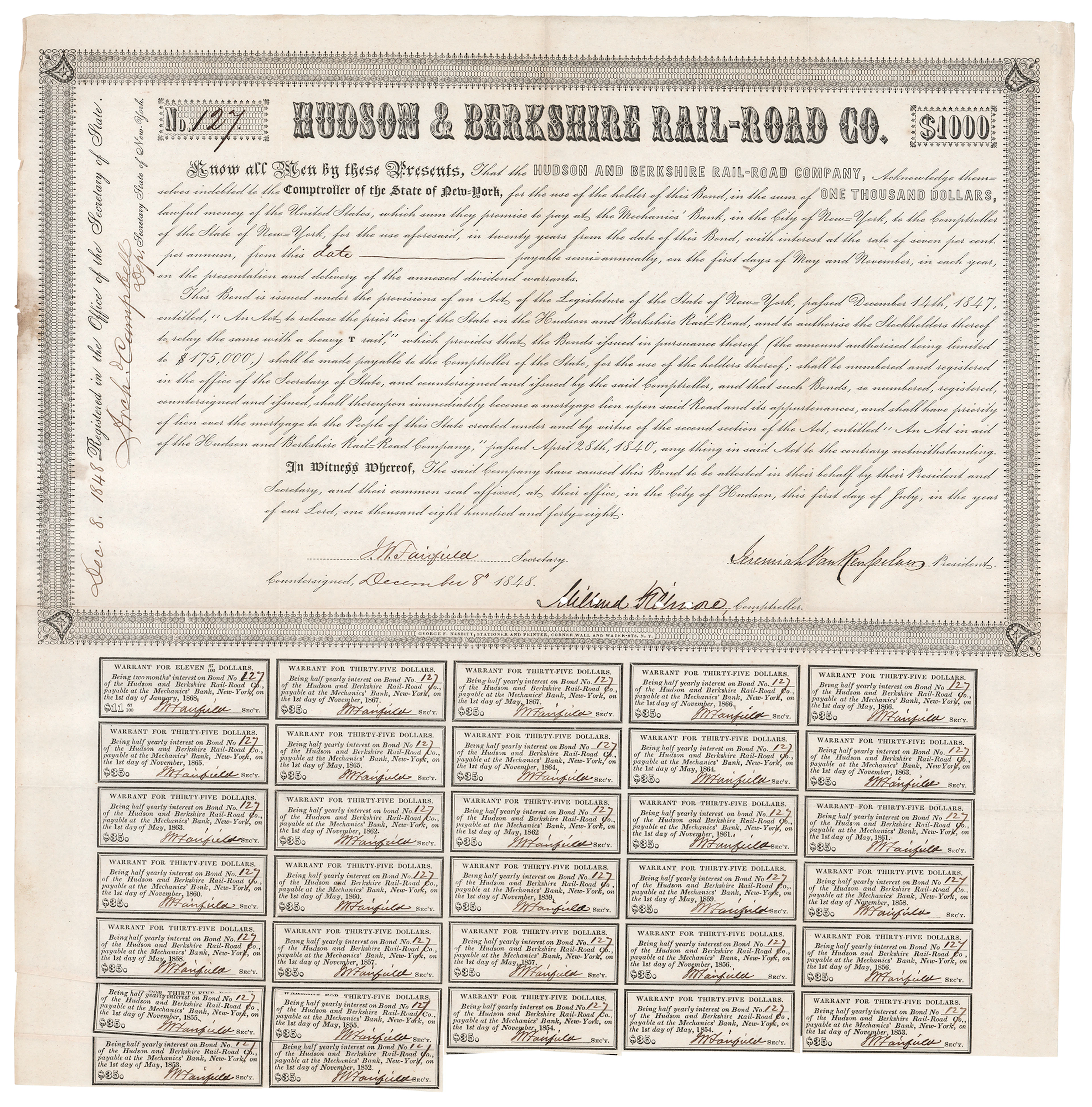 Millard Fillmore Document Signed - Bond of the Hudson & Berkshire Rail-Road Co.