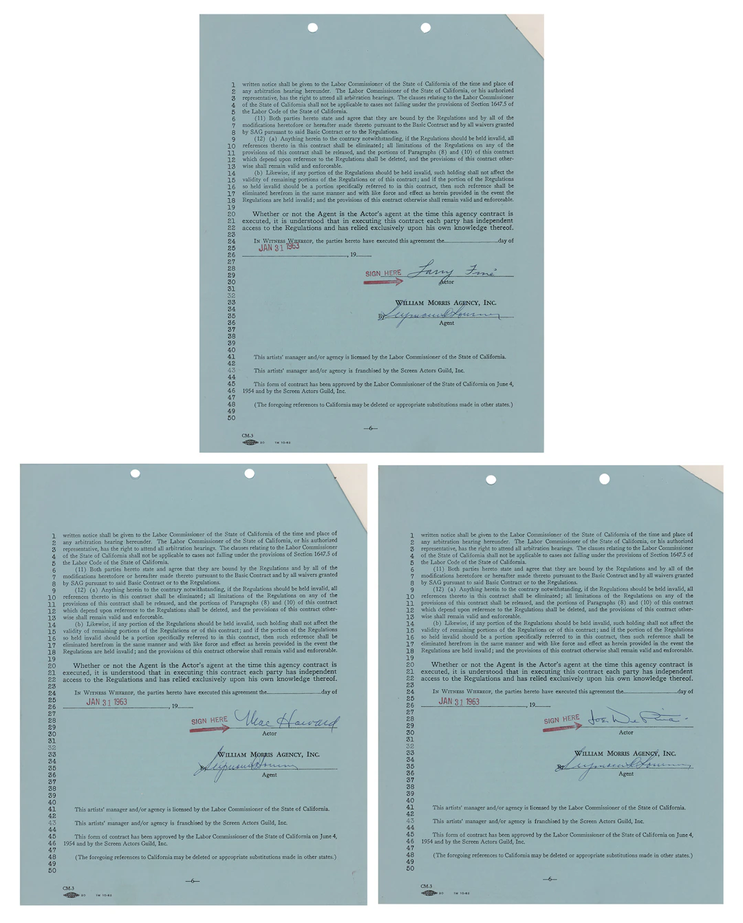 The Three Stooges (3) Documents Signed - Moe Howard, Larry Fine, and Joe DeRita