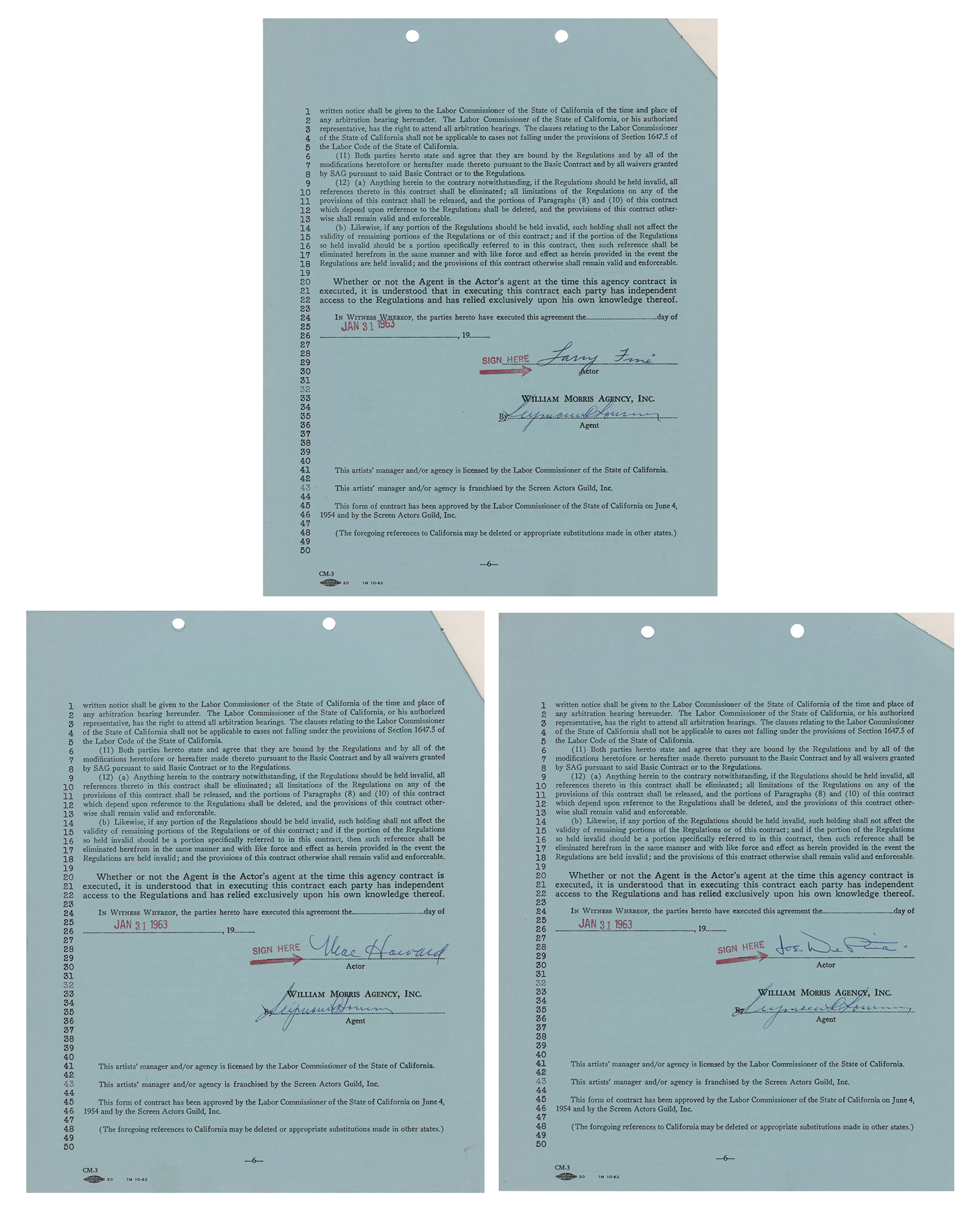 The Three Stooges (3) Documents Signed - Moe Howard, Larry Fine, and Joe DeRita