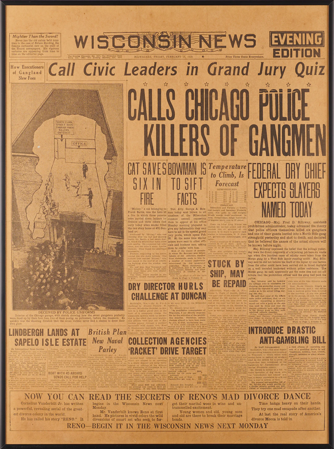 St. Valentine's Day Massacre: Front Page of the Wisconsin News, February