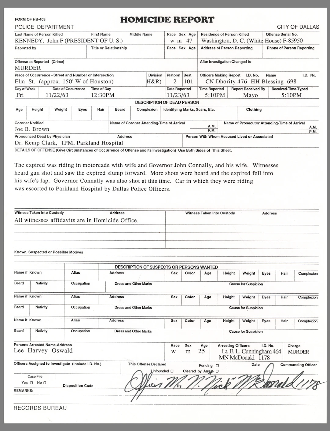 Kennedy Assassination: Maurice 'Nick' McDonald Signed Homicide Report