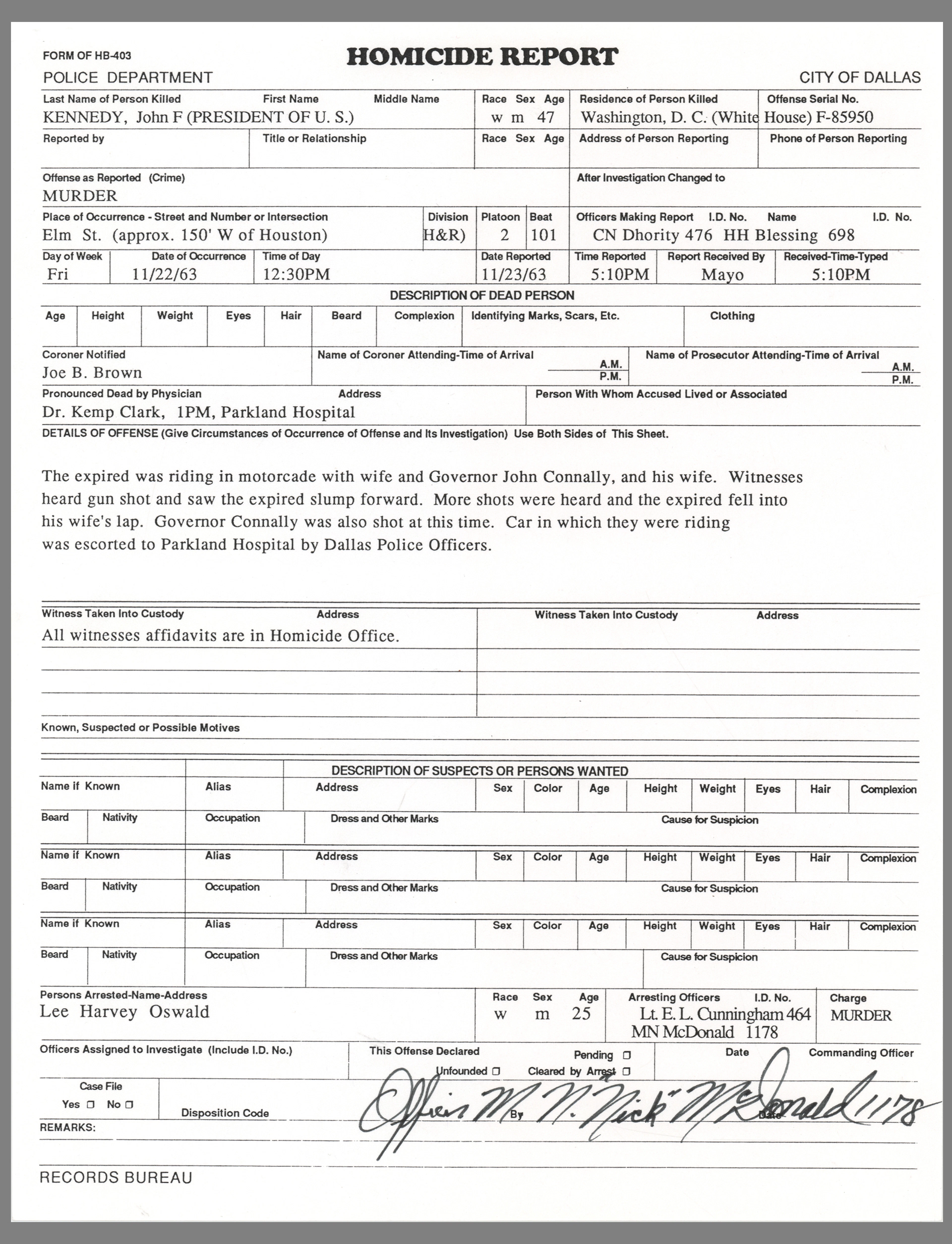 Kennedy Assassination: Maurice 'Nick' McDonald Signed Homicide Report