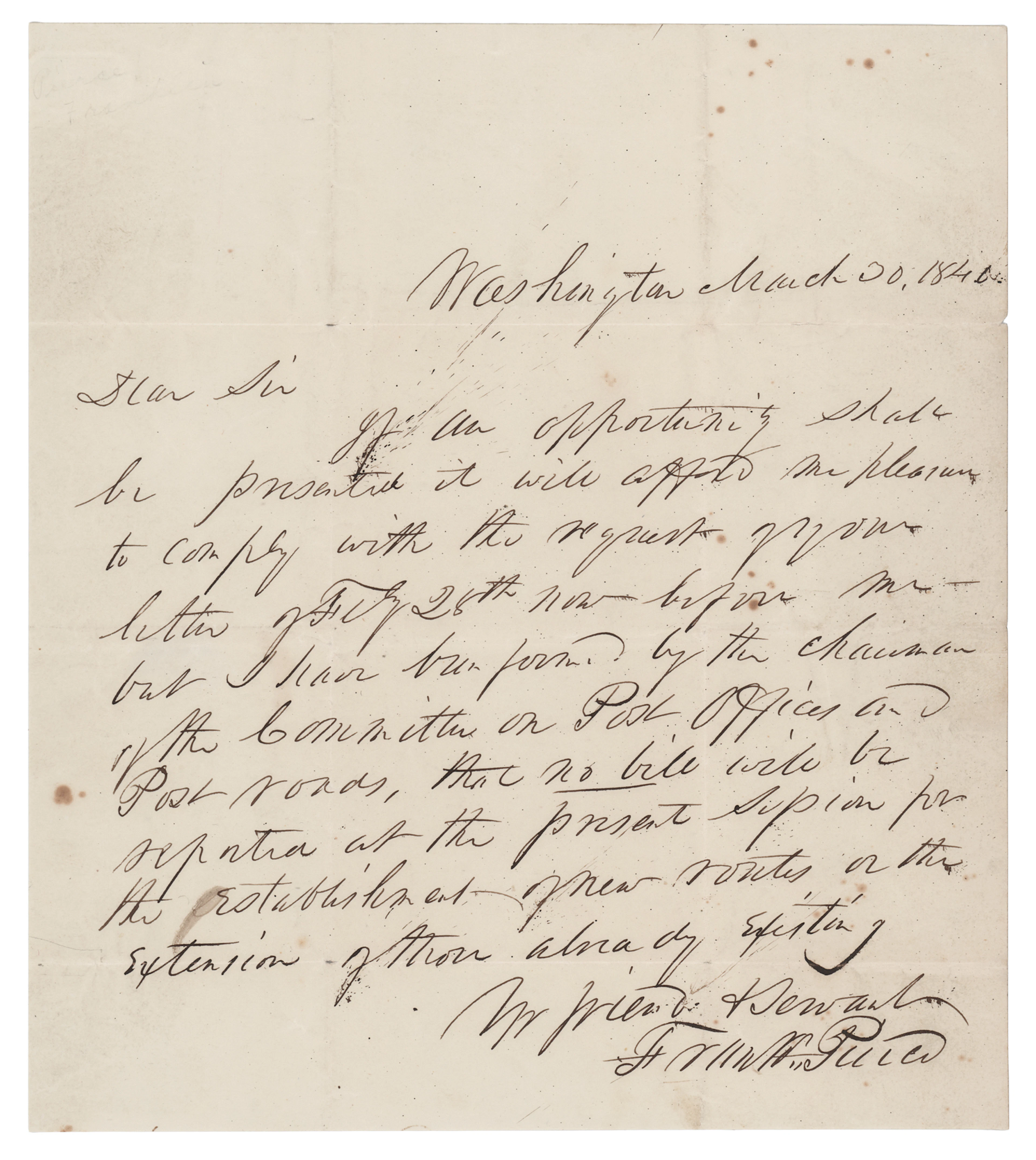 Franklin Pierce Autograph Letter Signed as a New Hampshire Senator