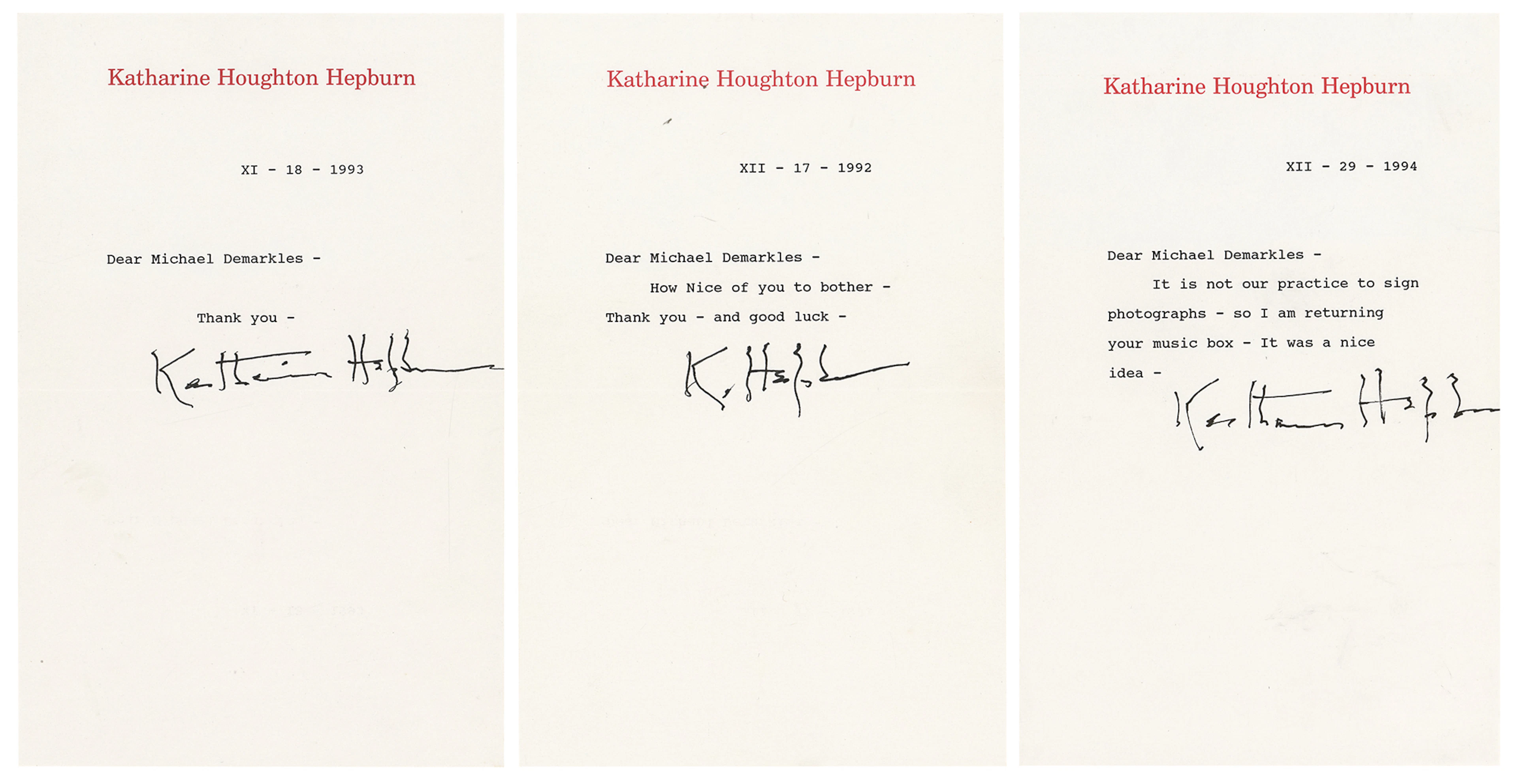 Katharine Hepburn (3) Typed Letters Signed
