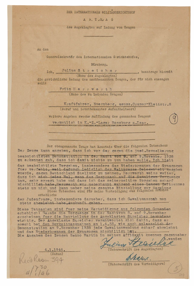 Julius Streicher Document Signed at Nuremberg, Denying Support for