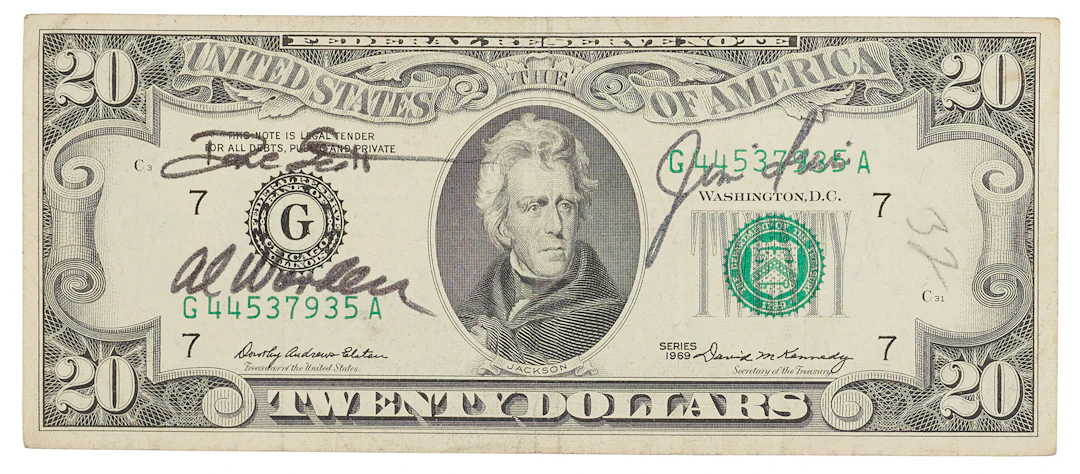 Apollo 15 Flown $20 Dollar Bill, Signed by Dave Scott, Jim Irwin, and Al Worden