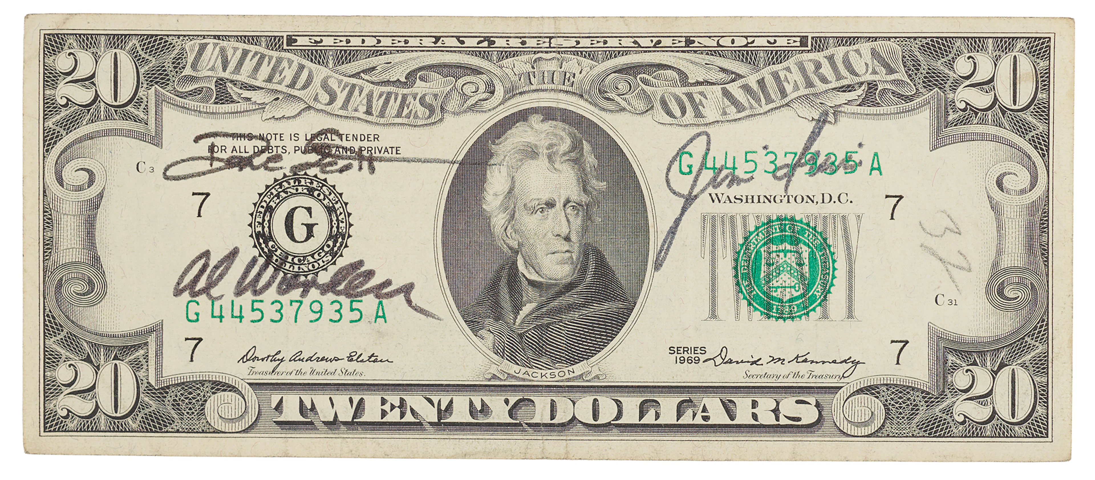Apollo 15 Flown $20 Dollar Bill, Signed by Dave Scott, Jim Irwin, and Al Worden