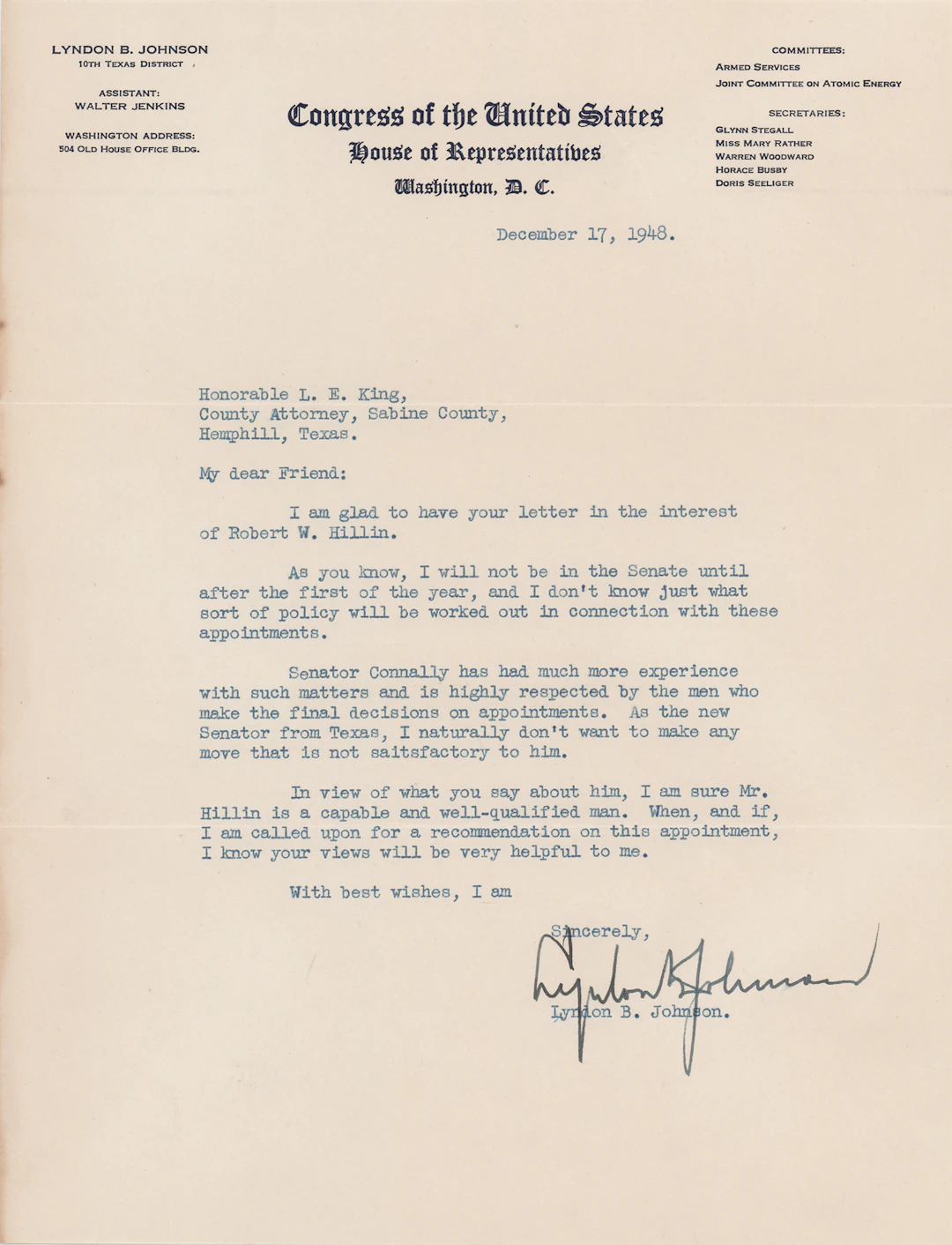 Lyndon B. Johnson Typed Letter Signed, Declining to Recommend an Appointment