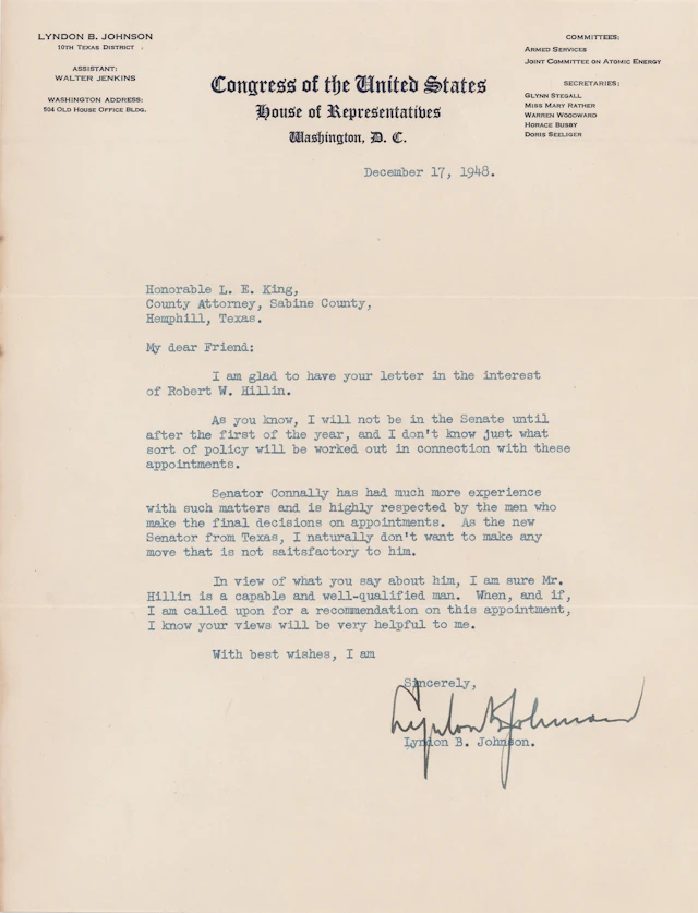Lyndon B. Johnson Typed Letter Signed, Declining to Recommend an Appointment