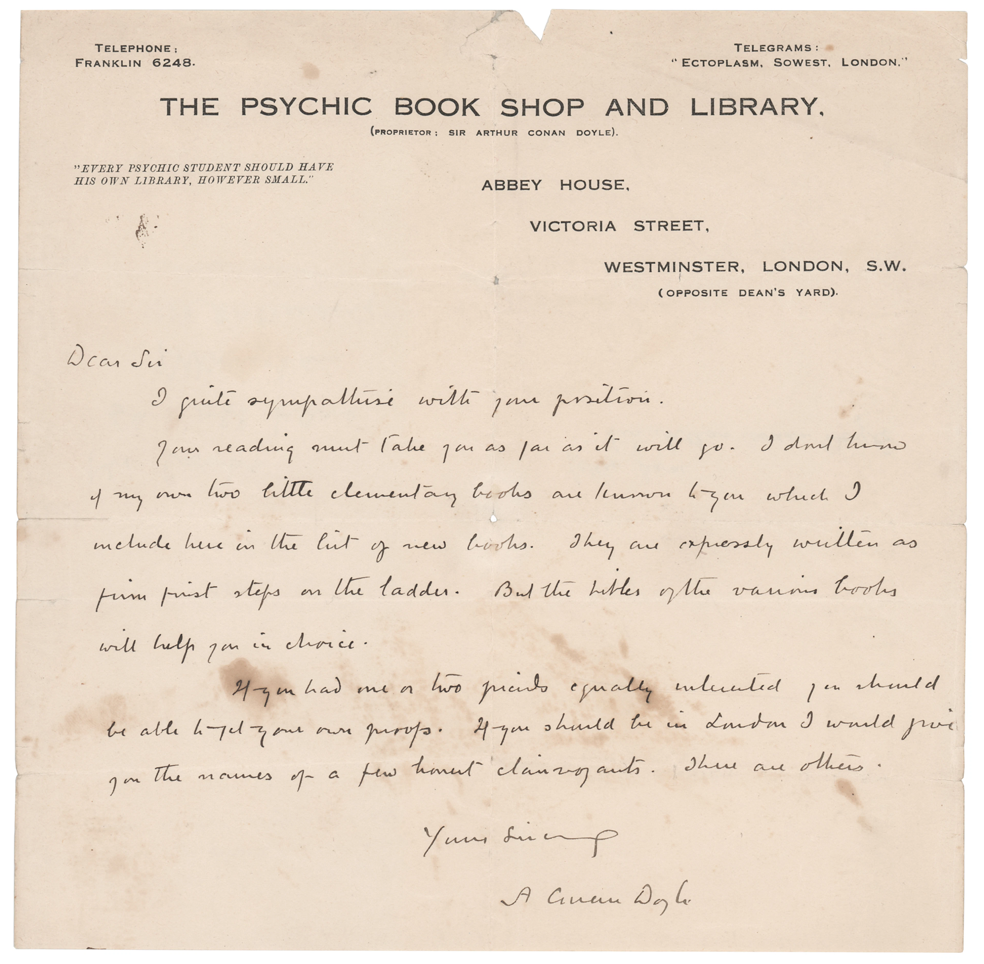 Arthur Conan Doyle Autograph Letter Signed - "I would give you the