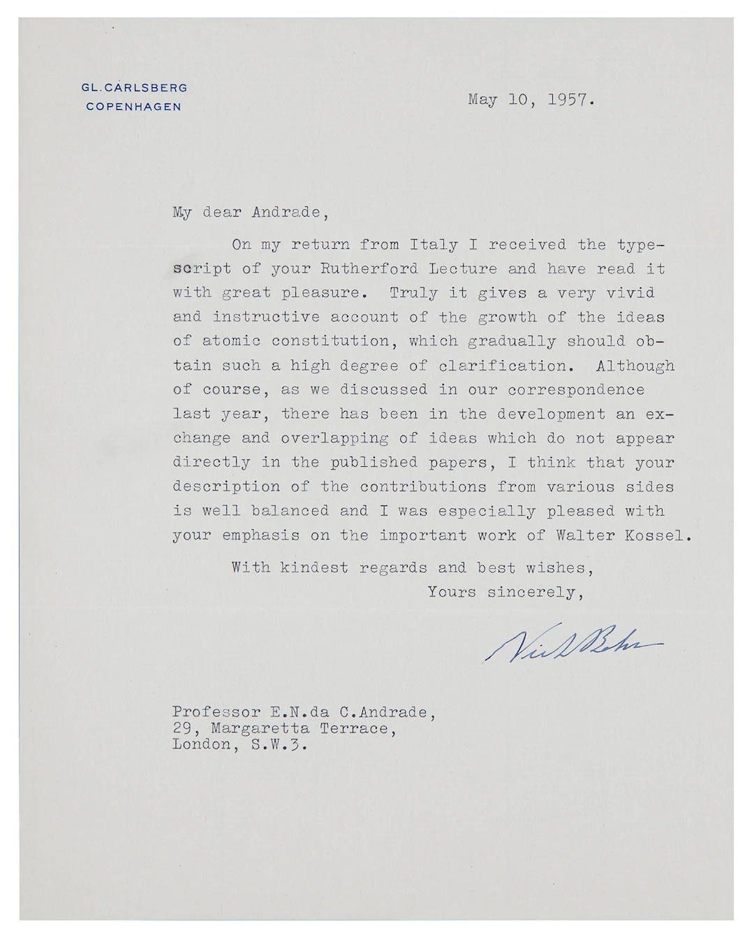 Niels Bohr Typed Letter Signed on "the growth of the ideas of atomic