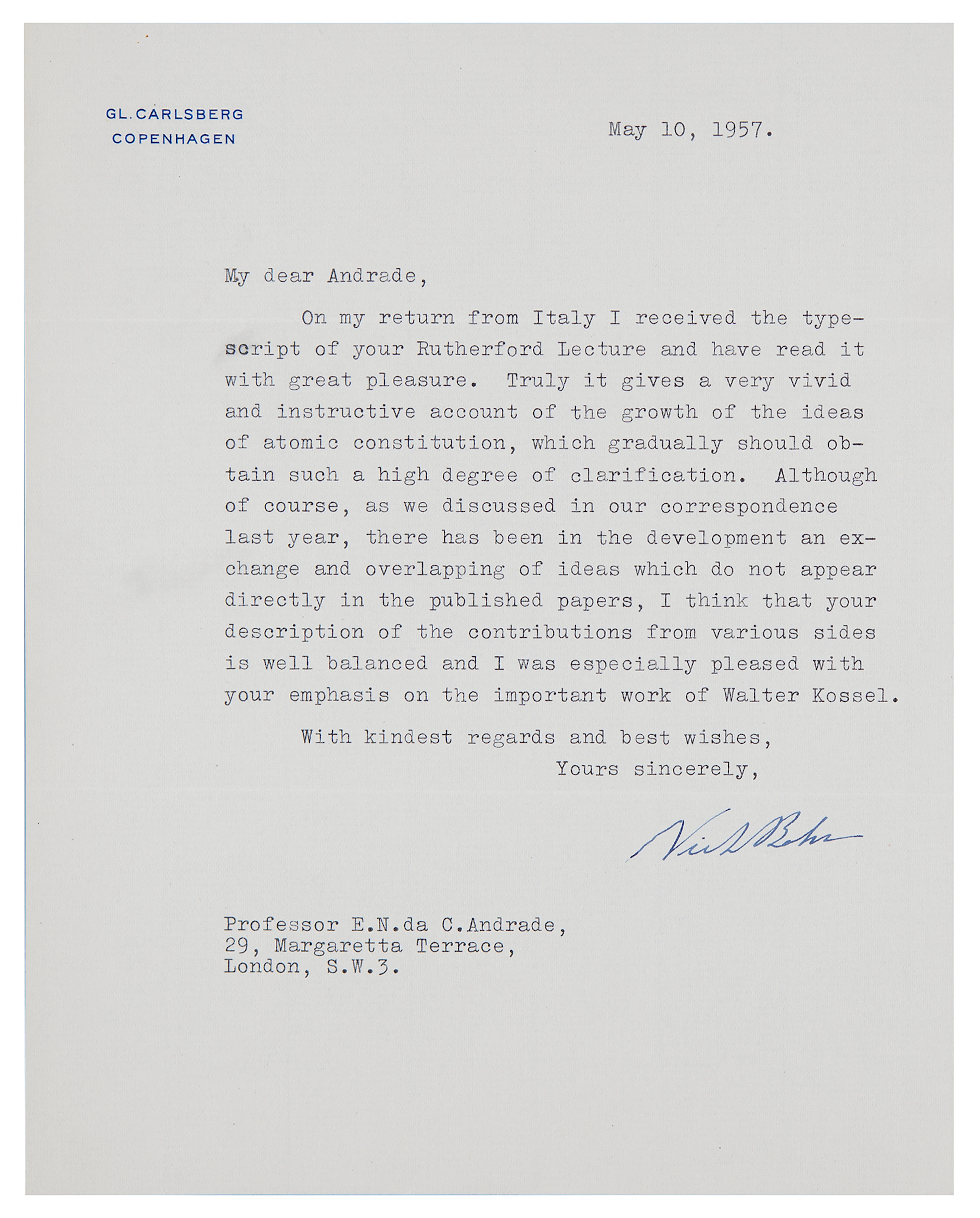 Niels Bohr Typed Letter Signed on "the growth of the ideas of atomic