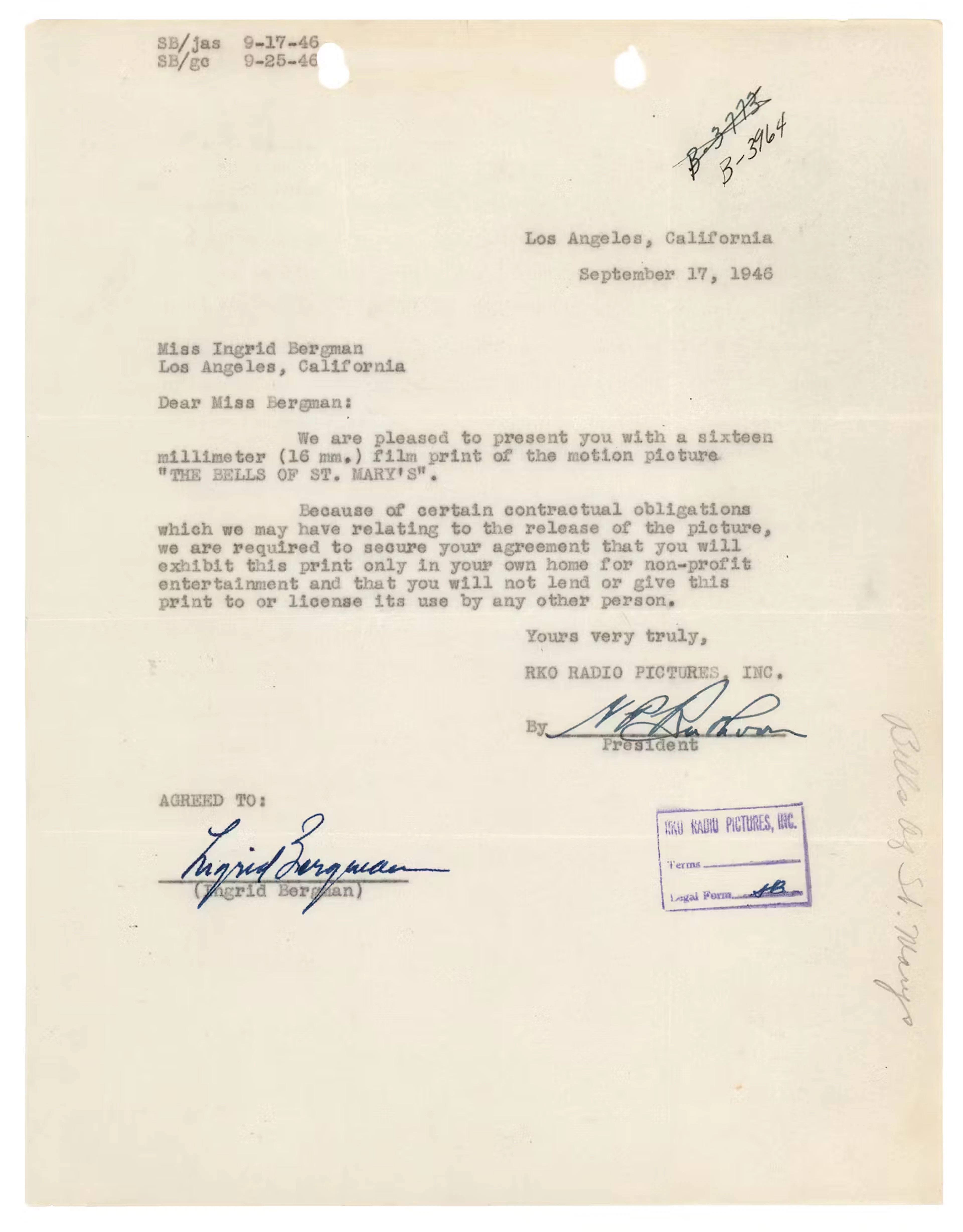 Ingrid Bergman Document Signed for The Bells of St. Mary's