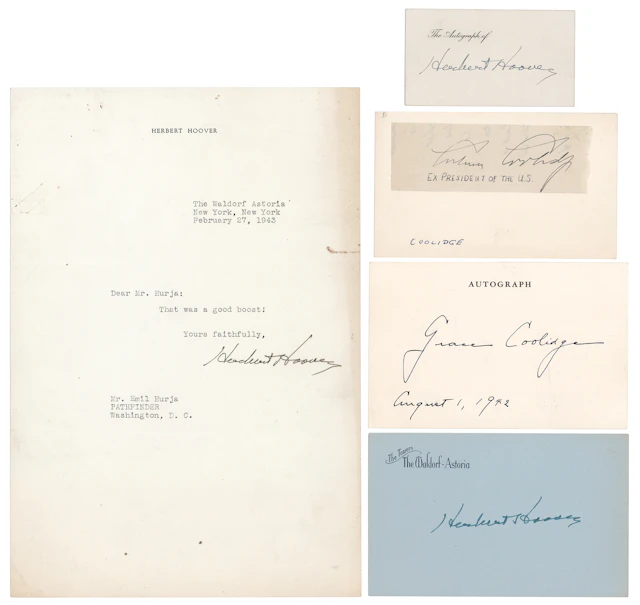 Calvin Coolidge, Grace Coolidge, and Herbert Hoover (5) Autographs