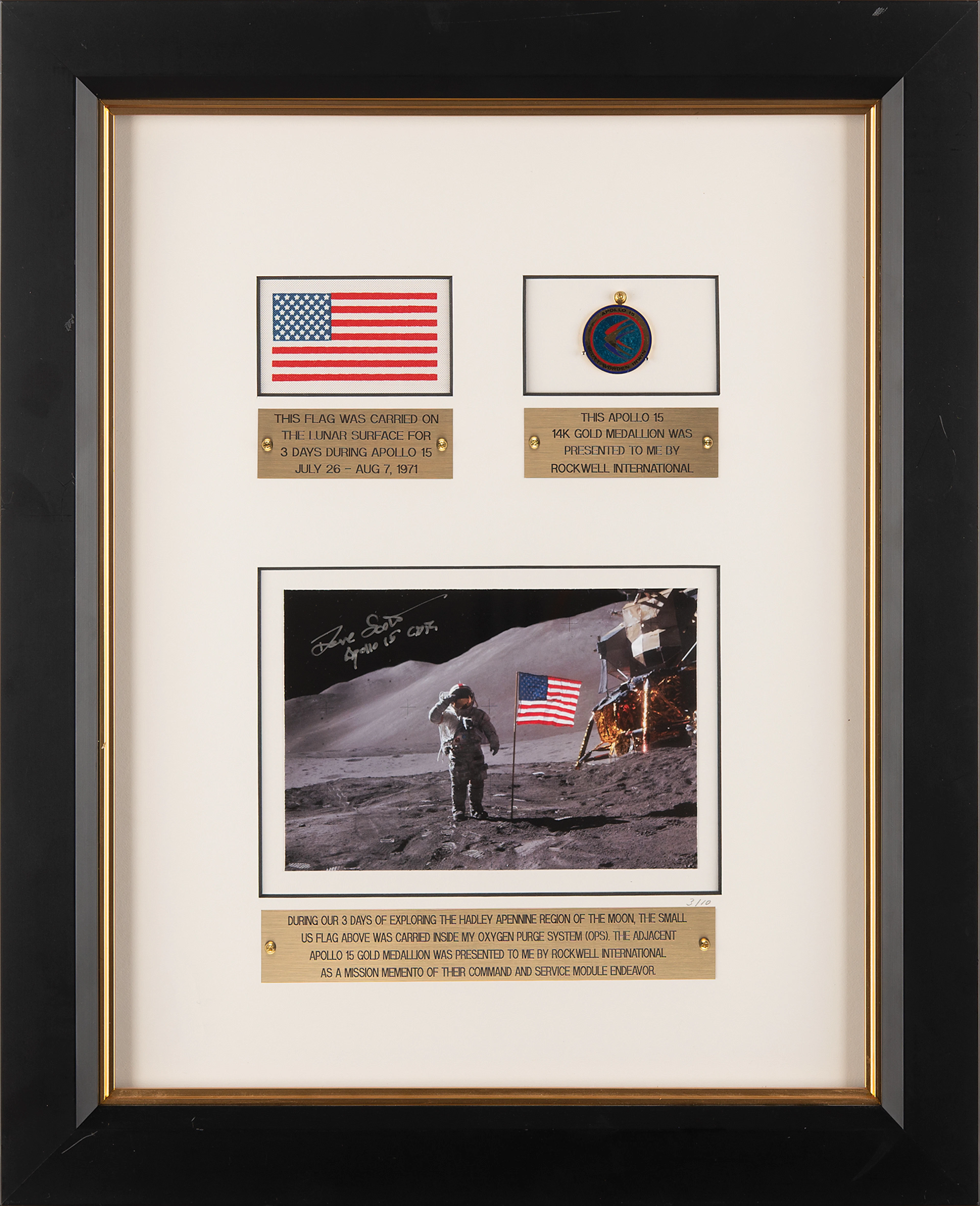 Apollo 15 Lunar Surface-Flown Flag and Unflown 14K Gold Medallion