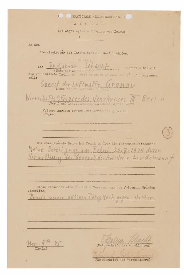 Hjalmar Schacht Document Signed at Nuremberg, Attesting to "the active