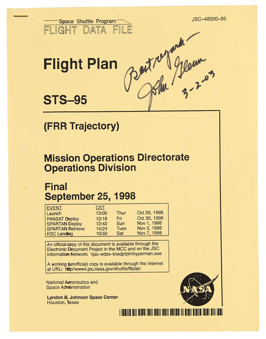 John Glenn Signed STS-95 FDF Flight Plan
