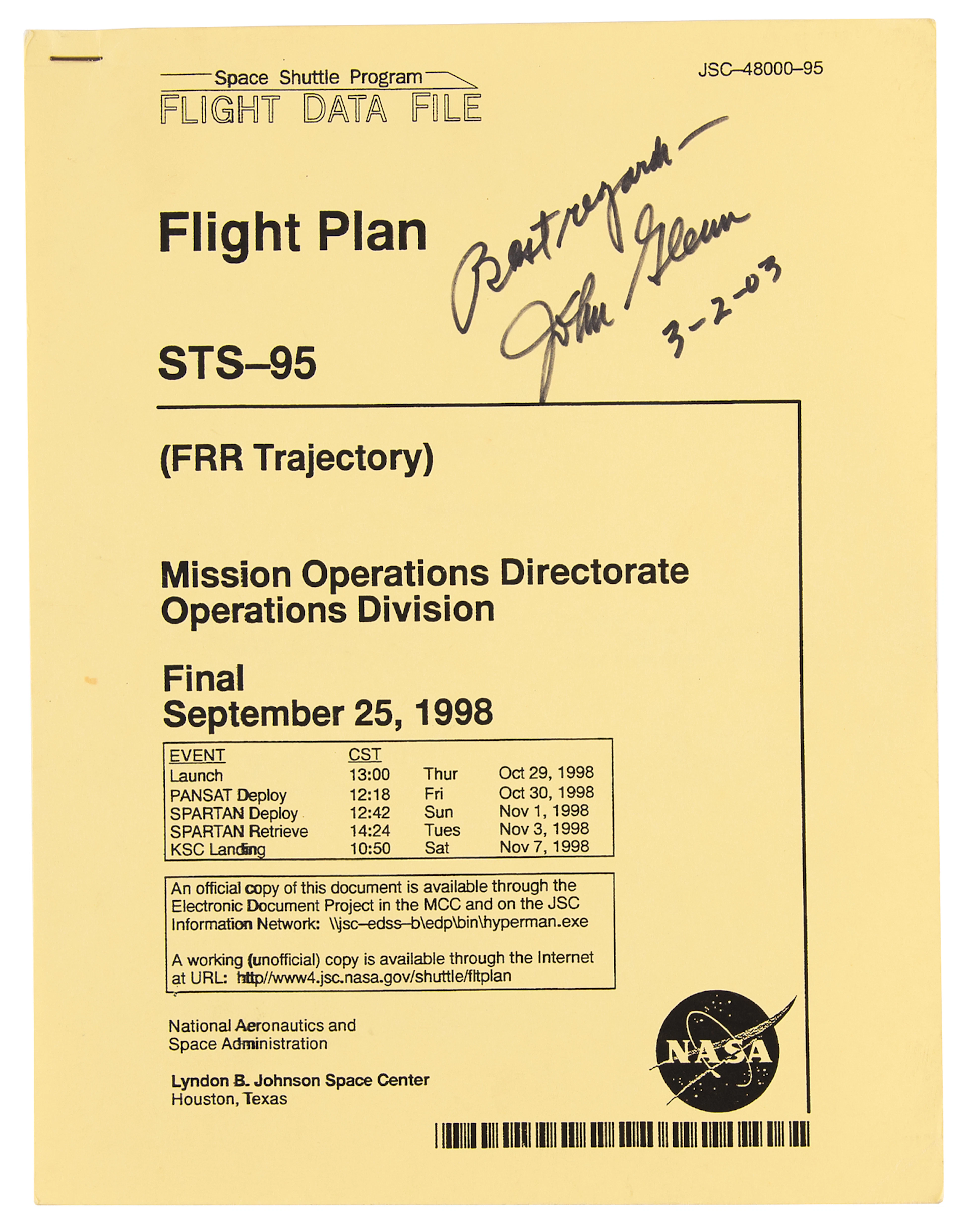 John Glenn Signed STS-95 FDF Flight Plan