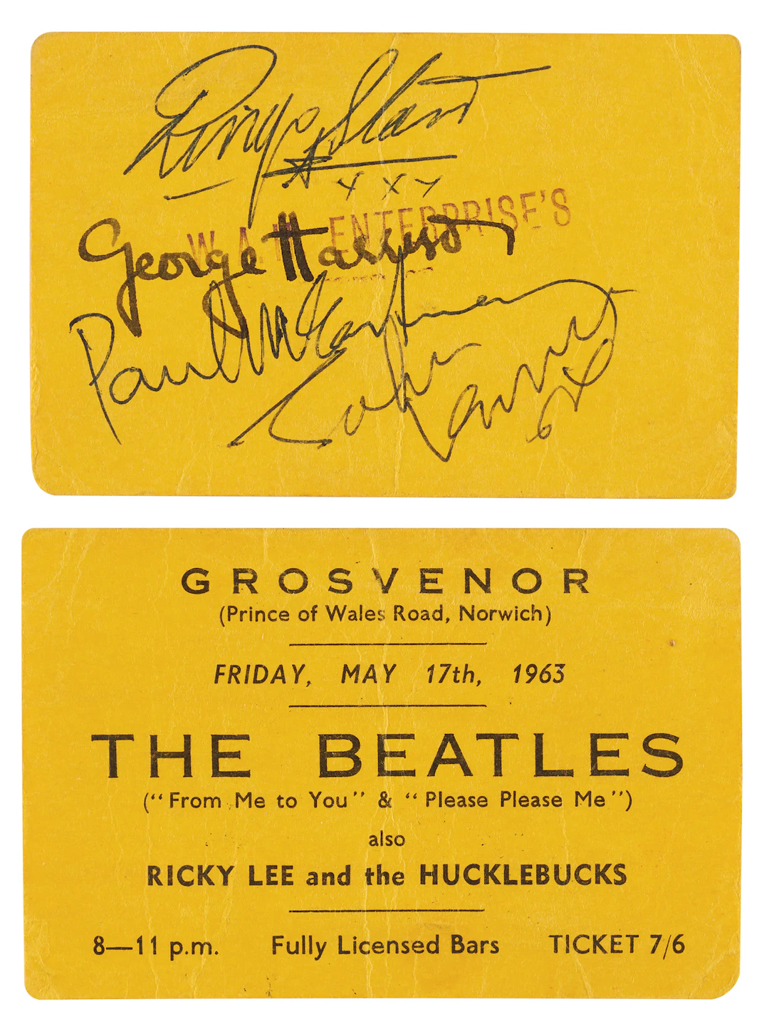 Beatles Signed Grosvenor Rooms Norwich Concert Ticket (May 17, 1963)