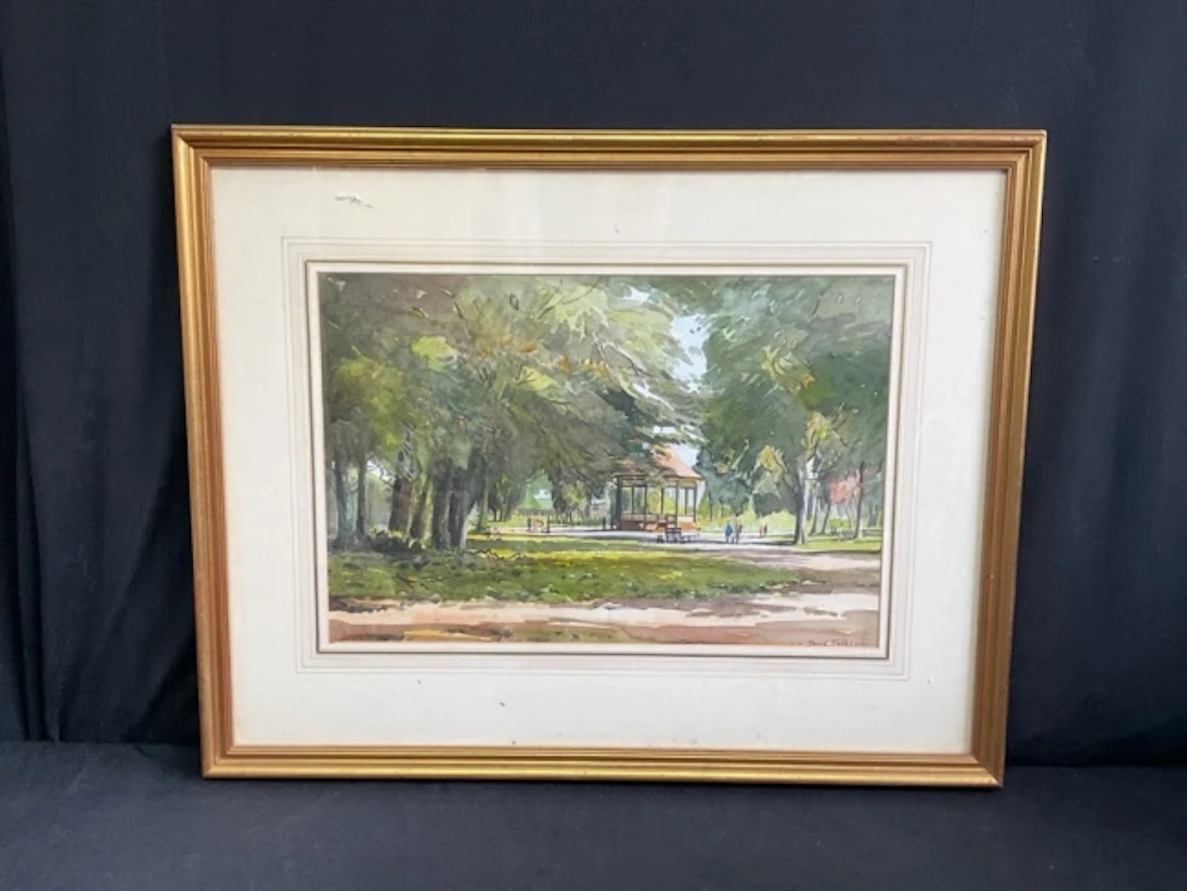 David Talks, watercolour, a shady park with bandstand, signed, mounted