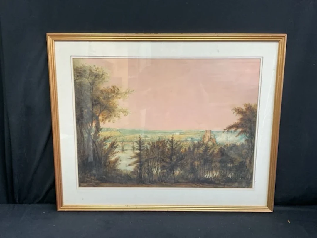 Early C19th watercolour, a view of Kelso and the bridge with Floors