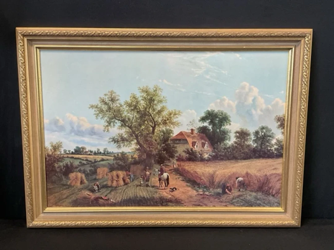 James Edwin Meadows, coloured print, rural landscape with harvesters