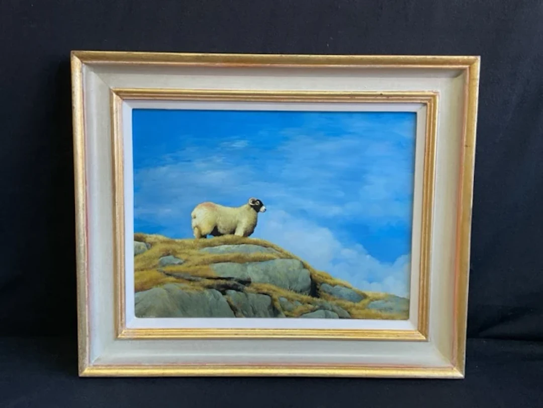 Alan R Thompson, oil on board, a Swaledale ram on a rocky promontory