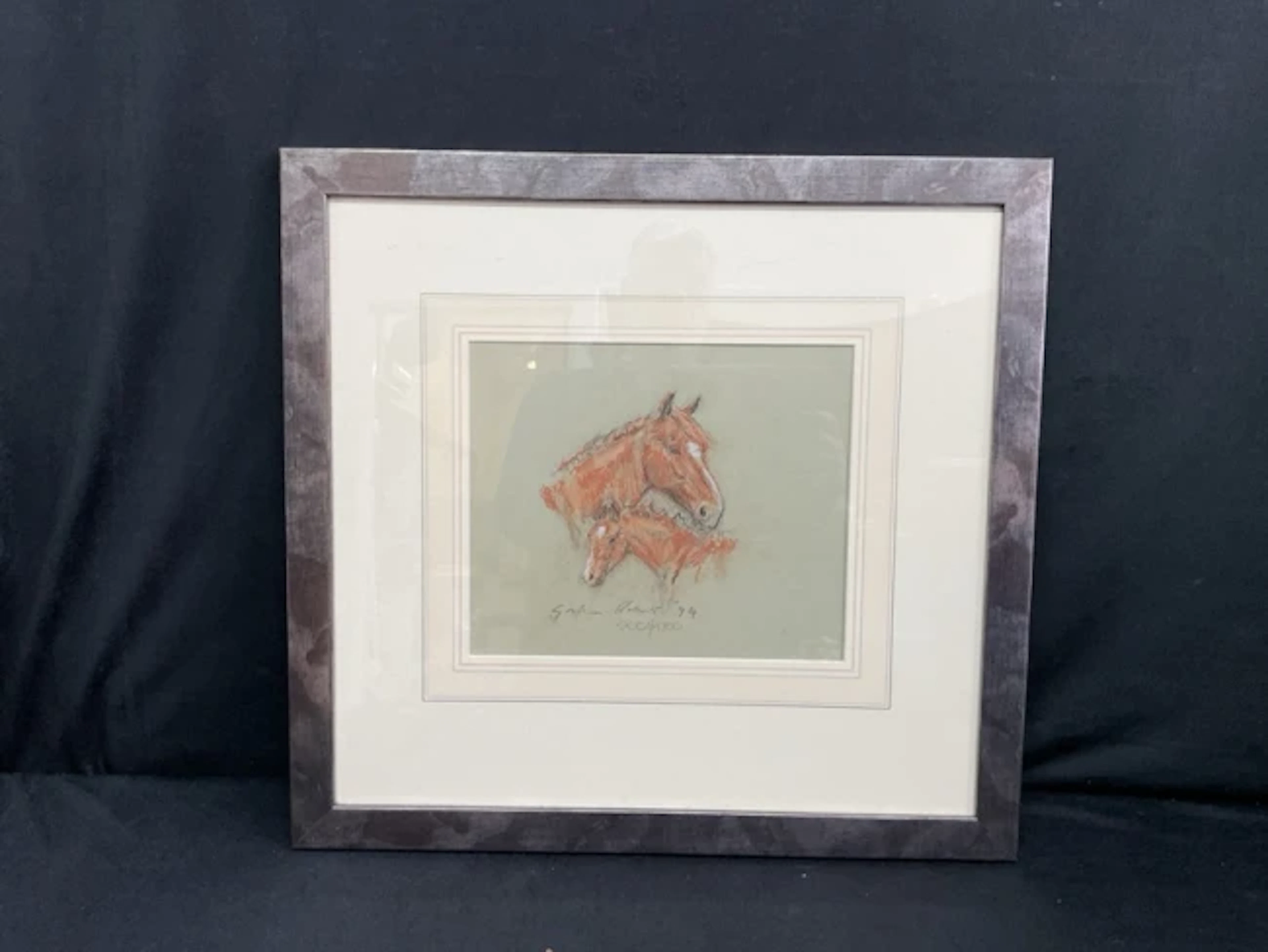 Graham Roberts, oil pastel on paper, a mare and foal head portrait