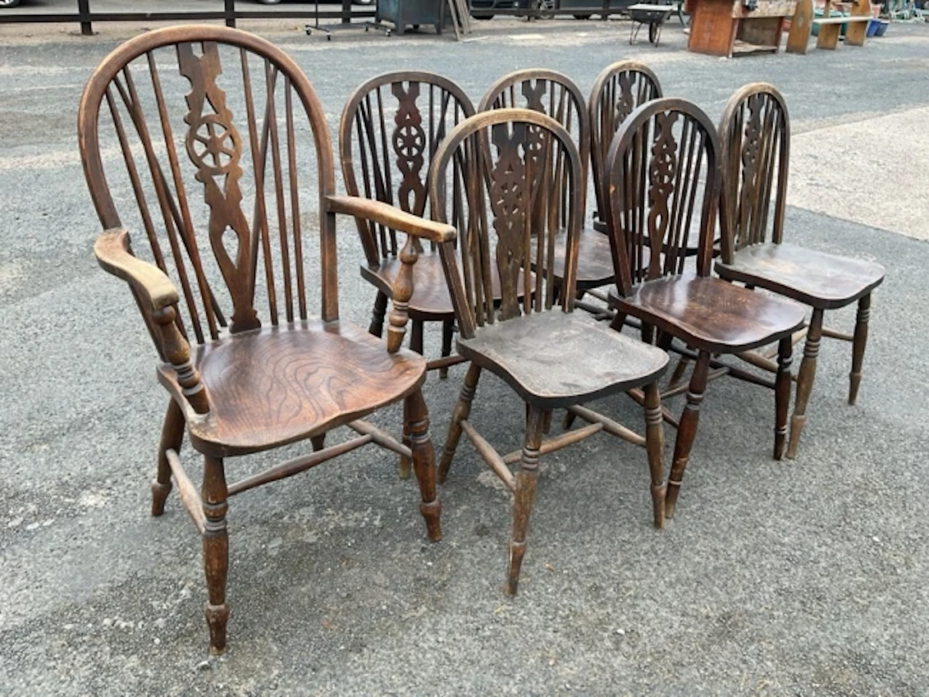A set of seven Edwardian wheelback chairs including a carver, the