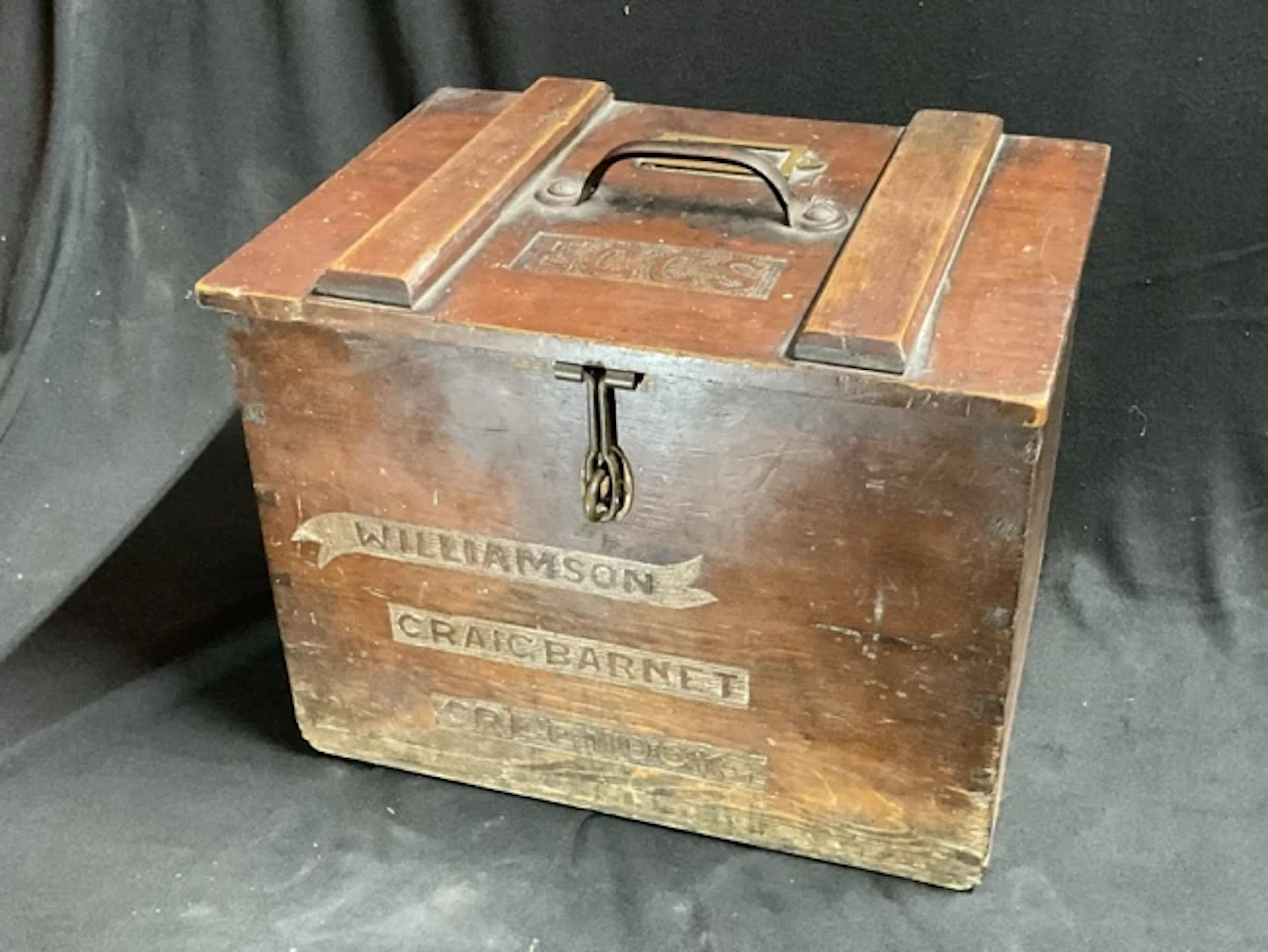 An Edwardian mahogany and pine egg box, the hinged cover with iron