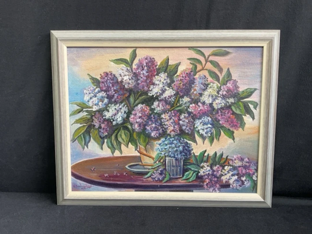 JS Dumbrauskiene, oil on board, still life study of flowers in vases