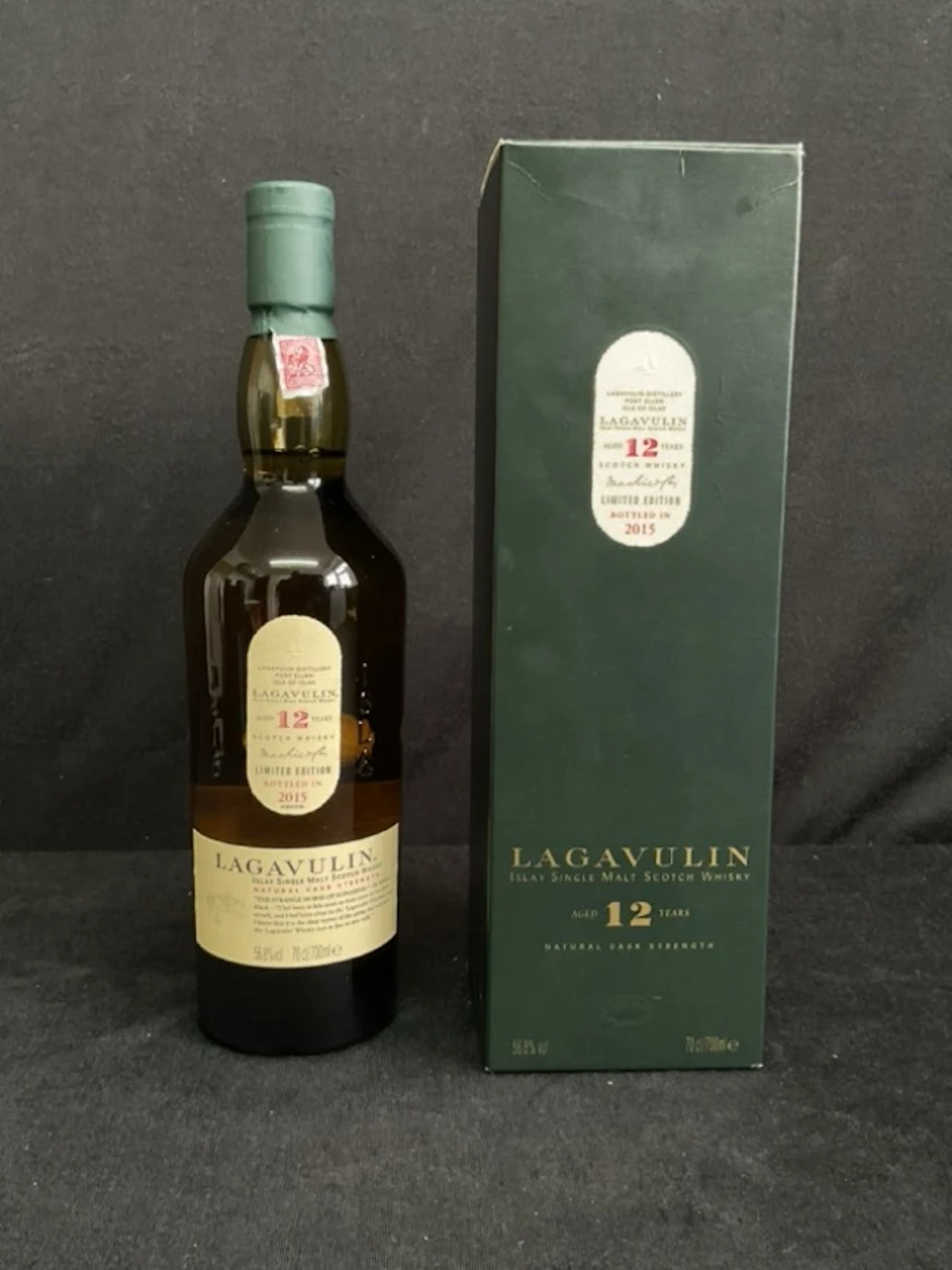 A bottle of Lagavulin Islay limited edition scotch whisky, the aged